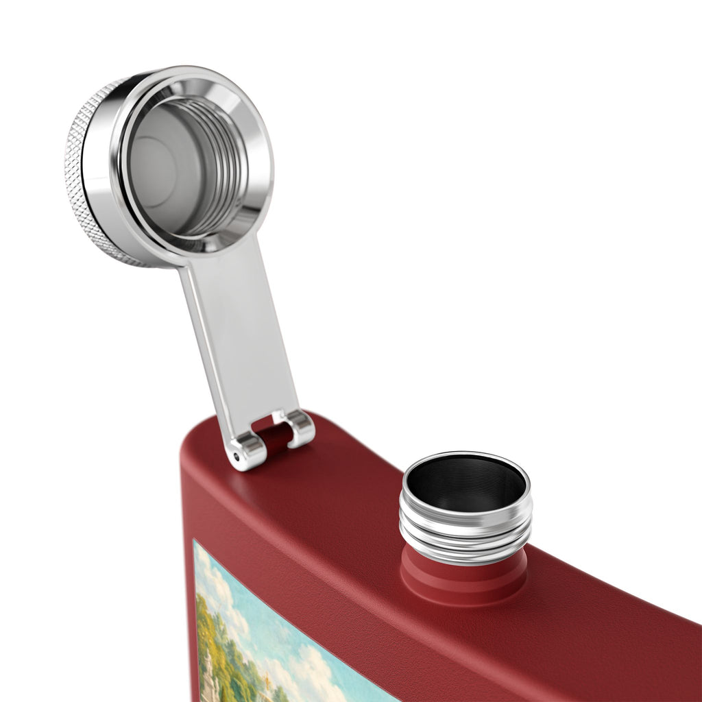 Open view of dark red flask with a cat tea party scene at Versailles