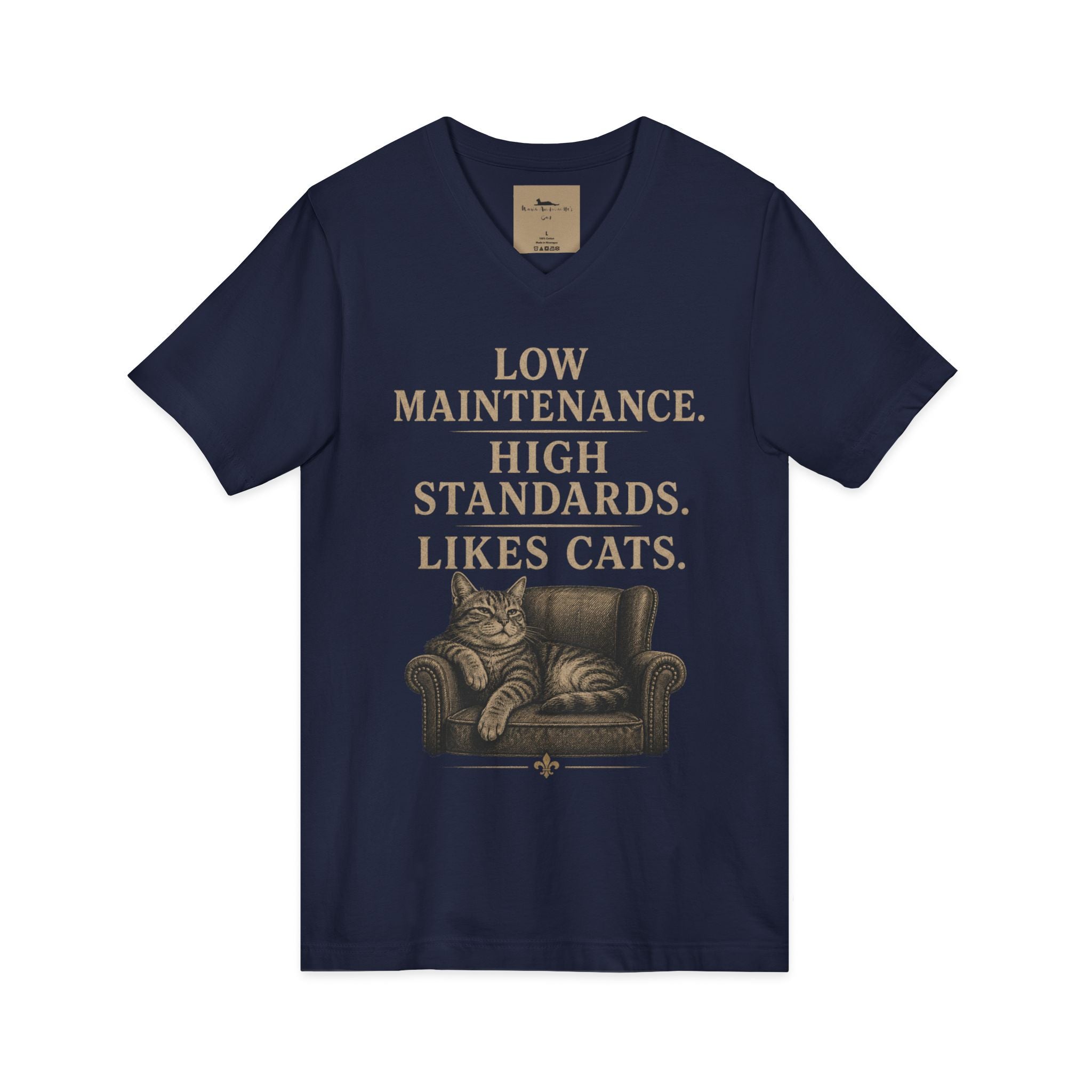 Cat Lover V-Neck Tee — "Low Maintenance. High Standards. Likes Cats."