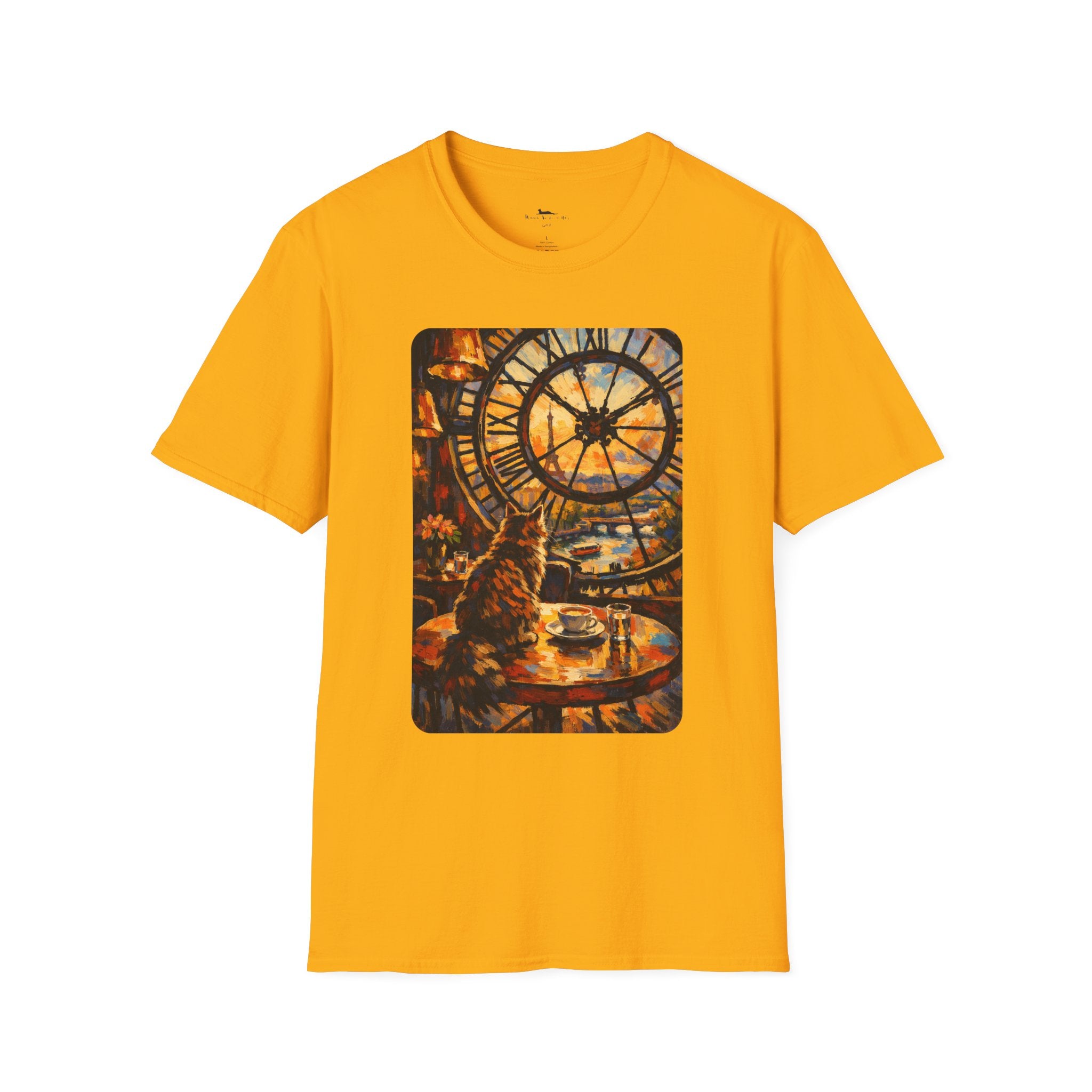 Paris D'Orsay Cafe Cat Illustration T-Shirt | Musée D'Orsay Scene Yellow Mustard
