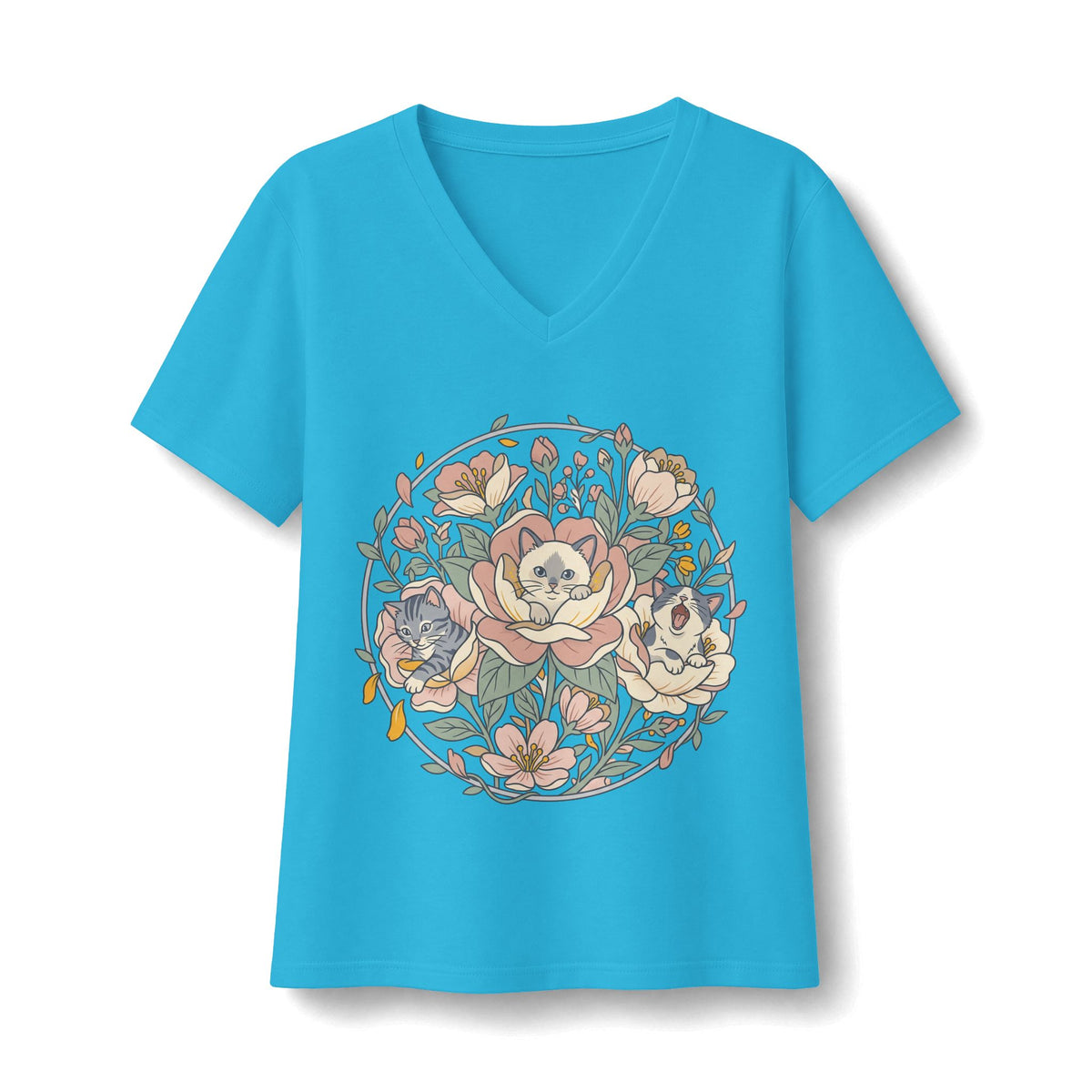 Floral Cat Bouquet V-Neck Tee