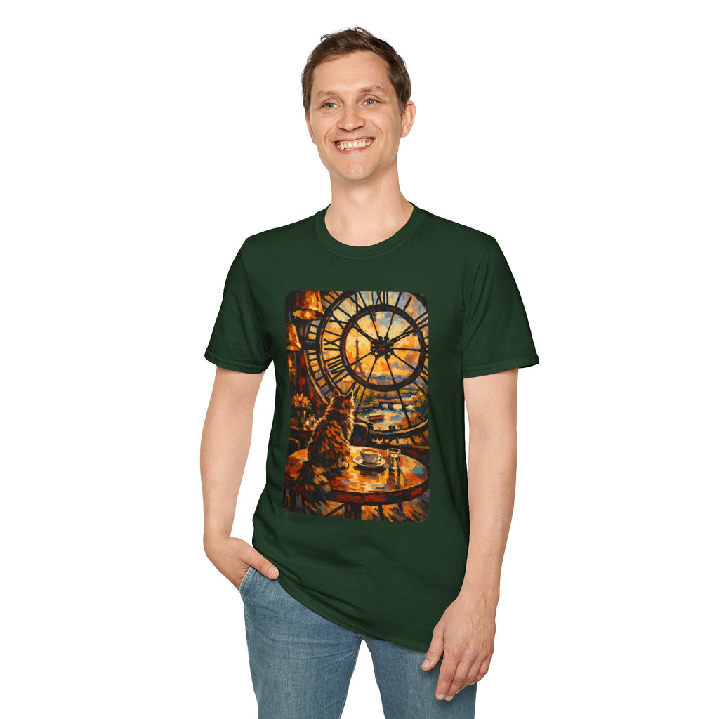 Paris D'Orsay Cafe Cat Illustration T-Shirt | Musée D'Orsay Scene Green