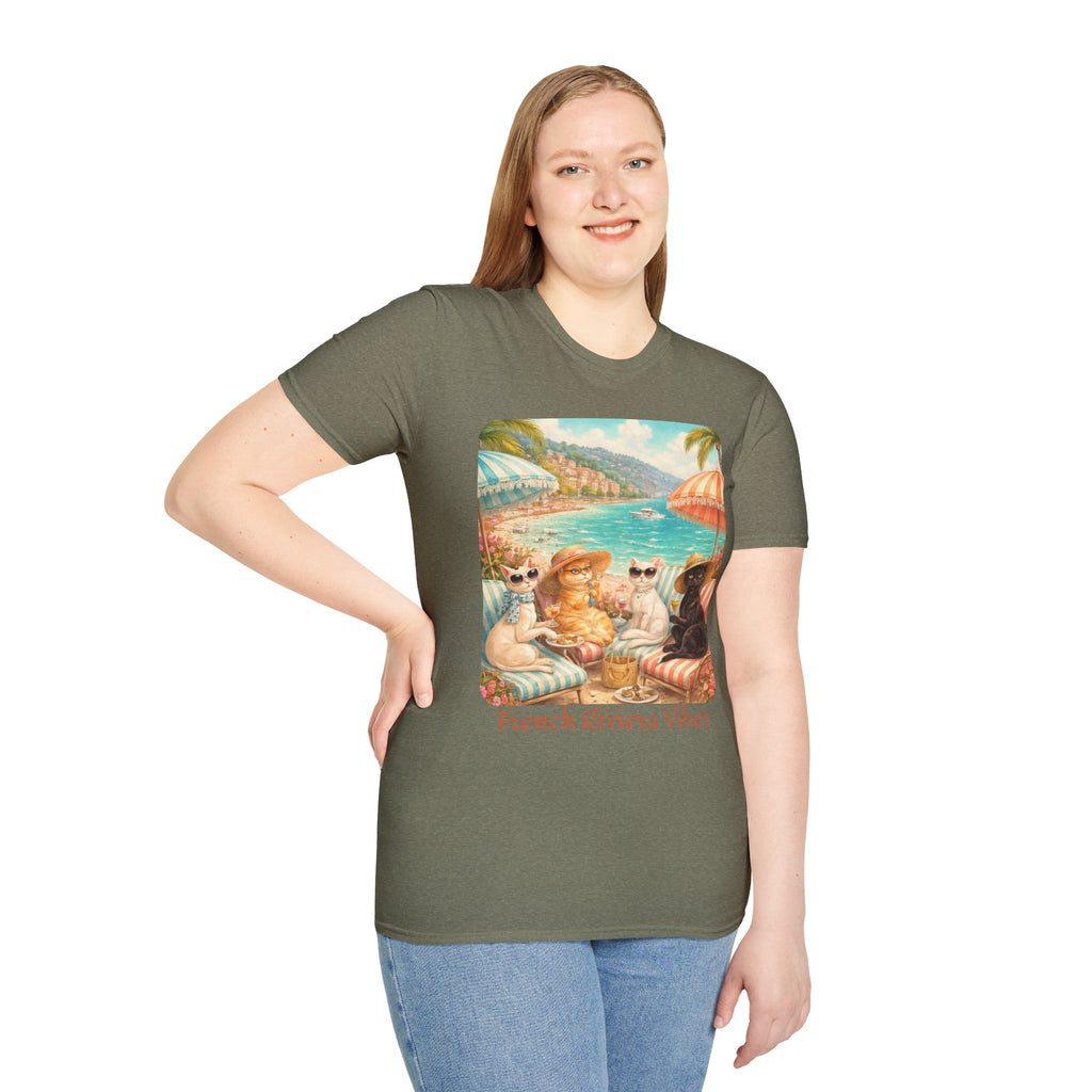 French Riviera Cats Beach Scene T-Shirt | Coastal Vibes Illustration