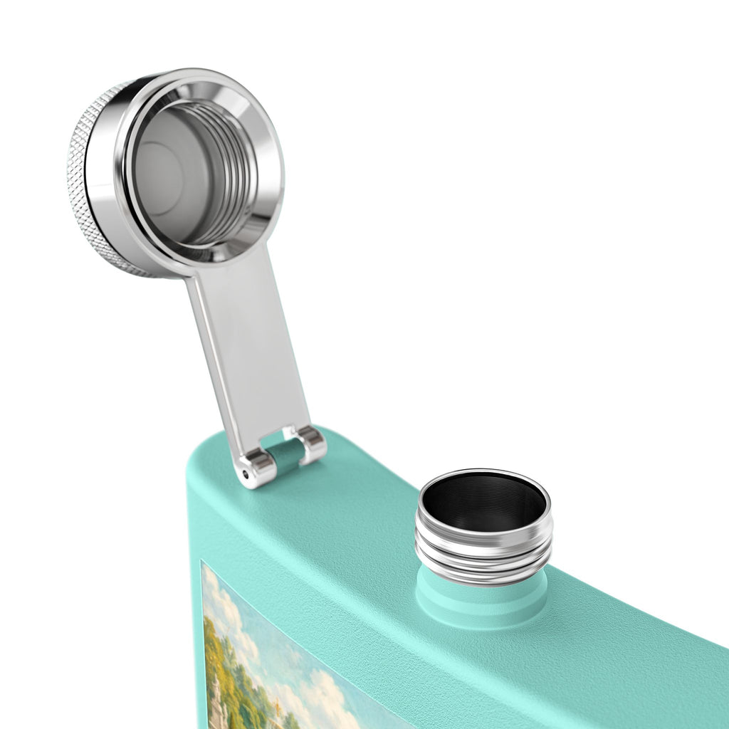 Open lid of aqua/mint green flask with a cat tea party scene at Versailles