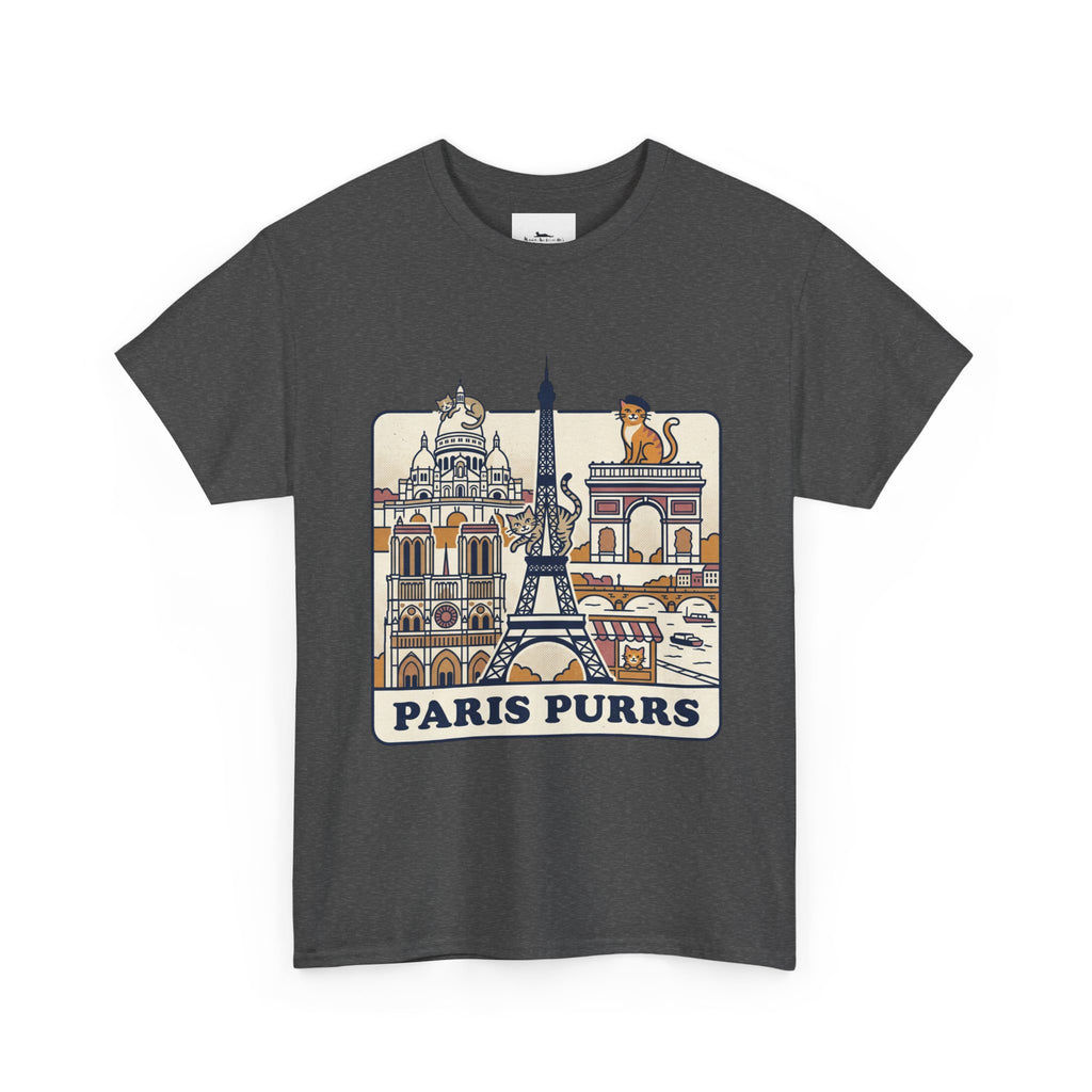 Gray t-shirt with Paris-themed graphic and 'PARIS PURRS' text on a white background