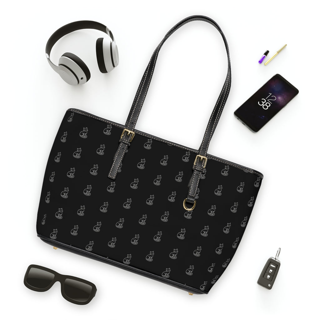 Cat Silhouette Pattern PU Leather Shoulder Bag | Black Tote, Repeating Cat Design
