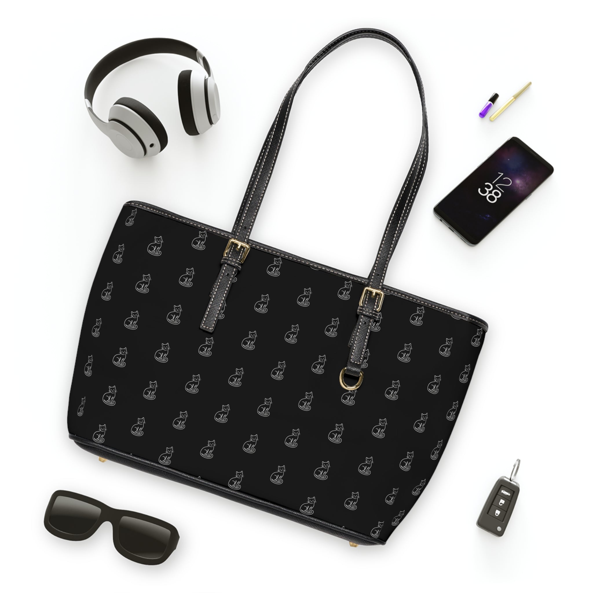 Cat Silhouette Pattern PU Leather Shoulder Bag | Black Tote, Repeating Cat Design