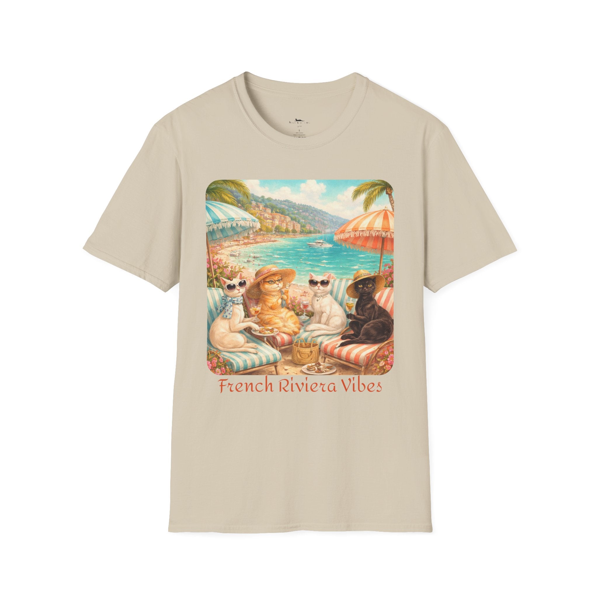 French Riviera Cats Beach Scene T-Shirt | Coastal Vibes Illustration Sand