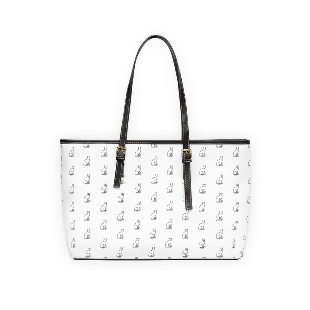 Cat Silhouette Pattern PU Leather Shoulder Bag | White Tote, Repeating Cat Design