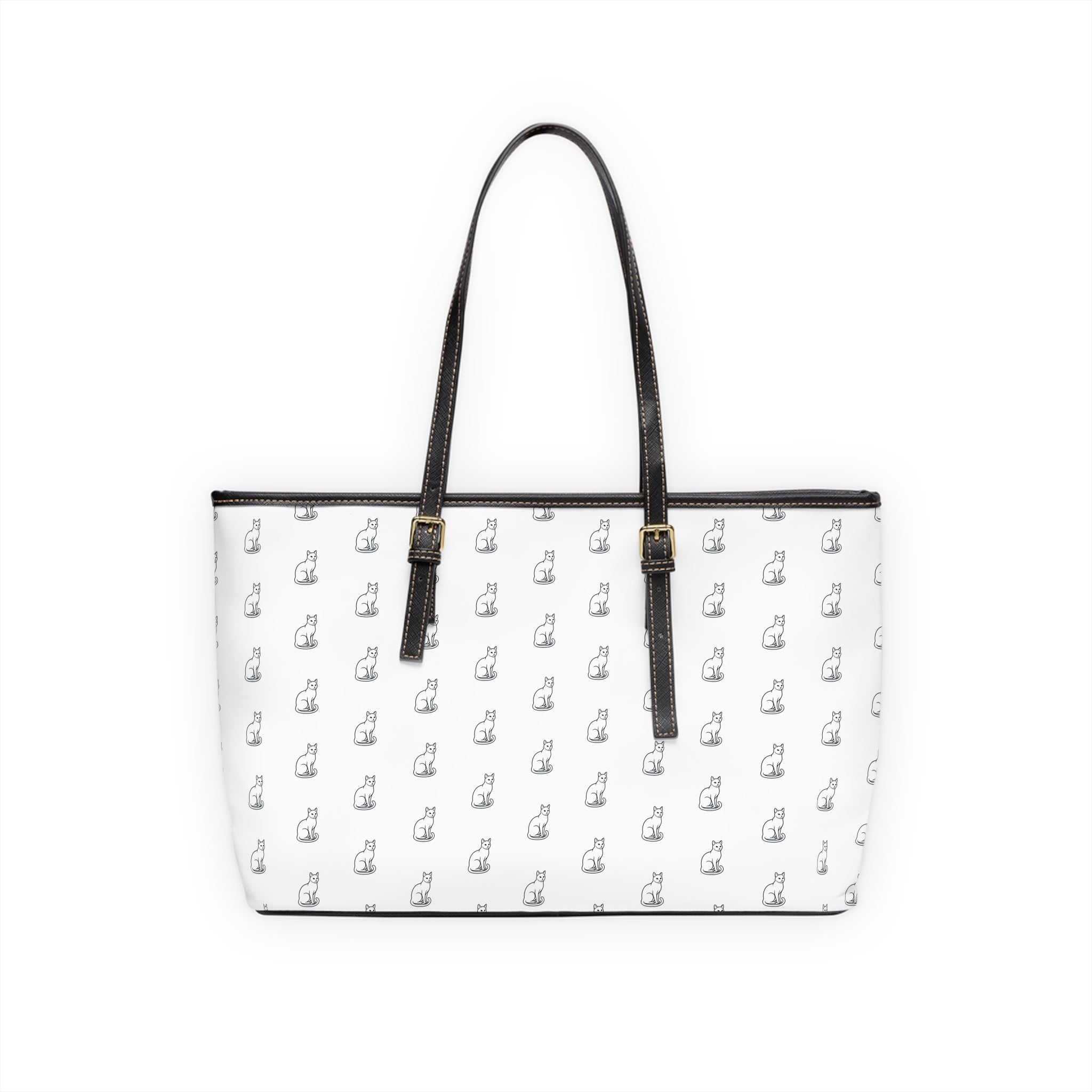 Cat Silhouette Pattern PU Leather Shoulder Bag | White Tote, Repeating Cat Design