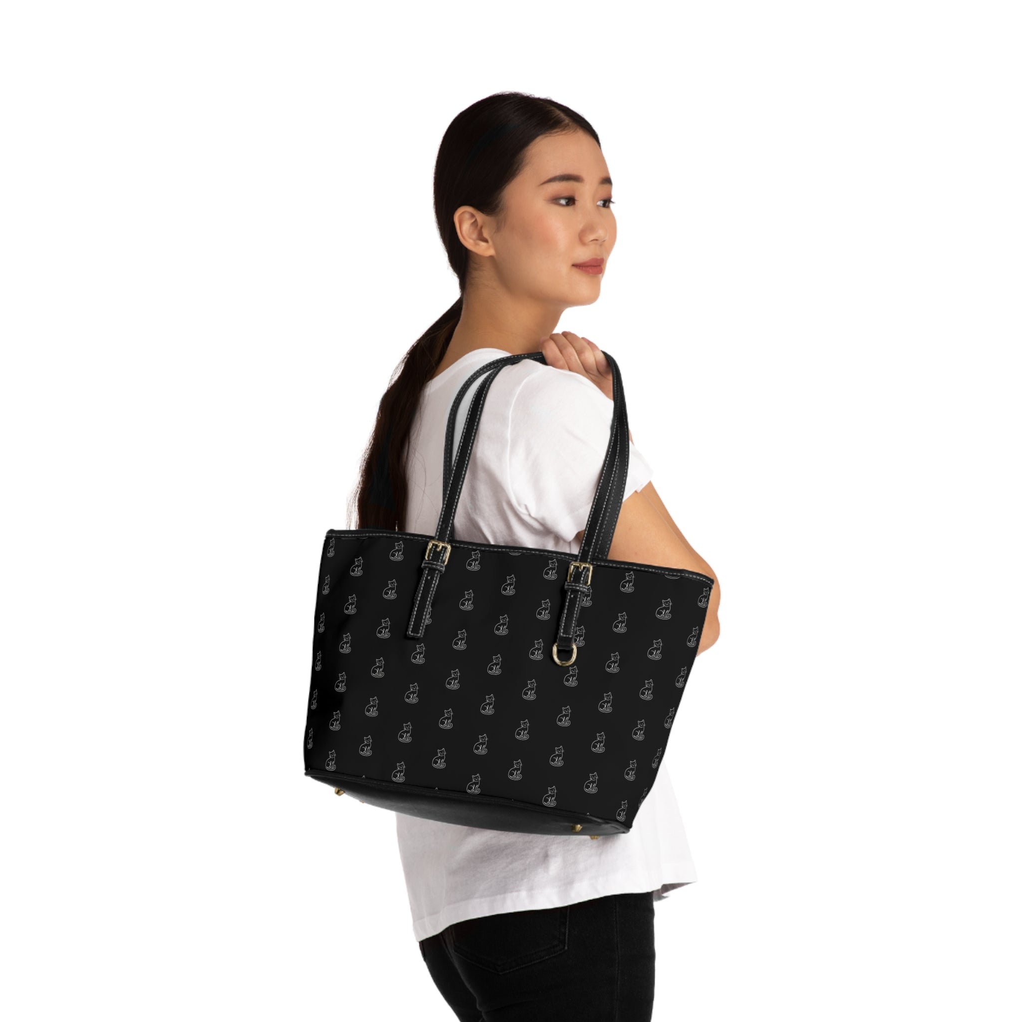 Cat Silhouette Pattern PU Leather Shoulder Bag | Black Tote, Repeating Cat Design