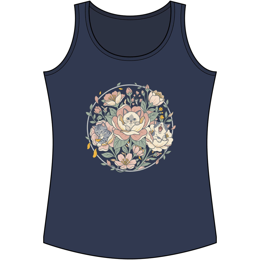 Floral Kitten Bouquet Tank Top — Blooming Kittens Women’s Cotton Navy