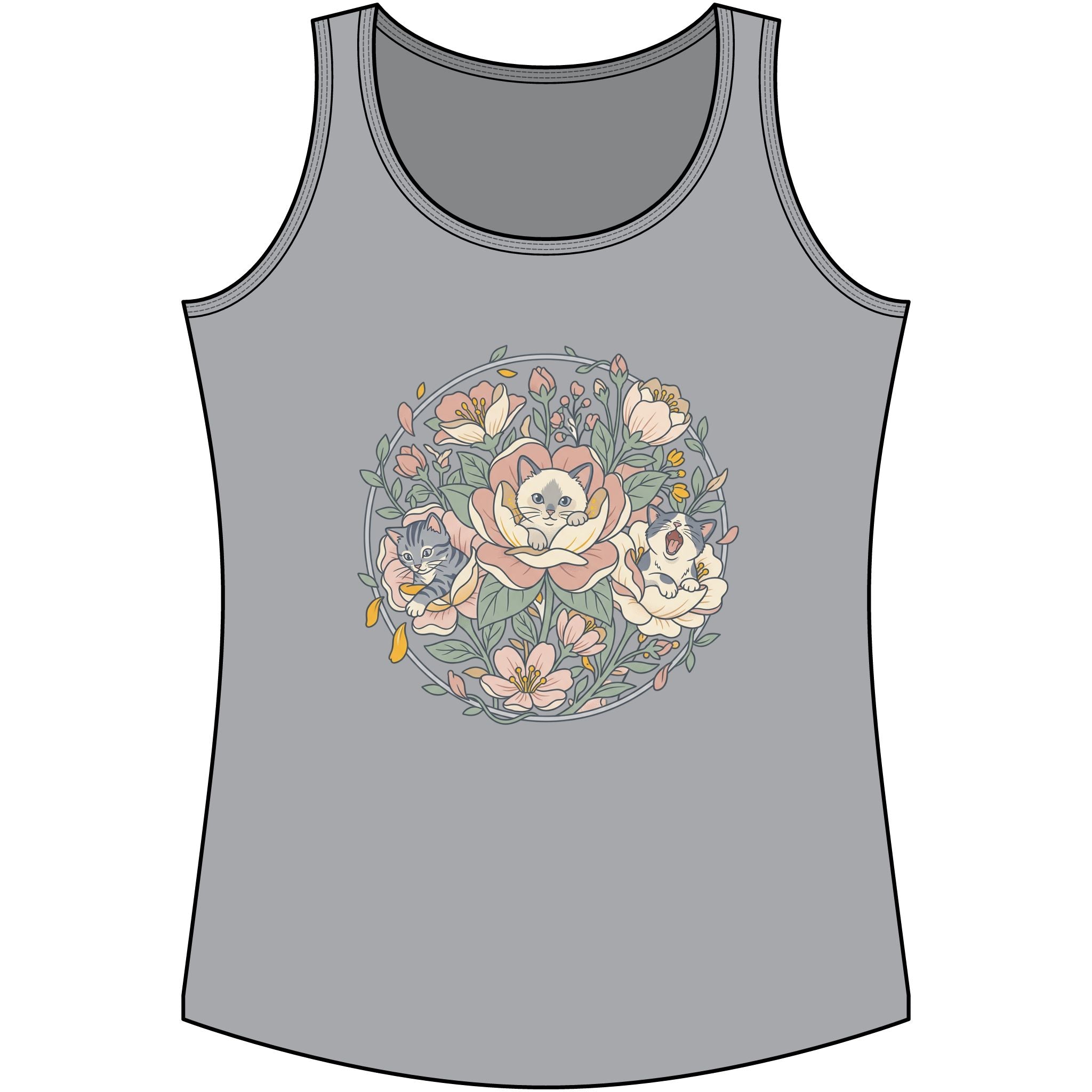 Floral Kitten Bouquet Tank Top — Blooming Kittens Women’s Cotton Gray