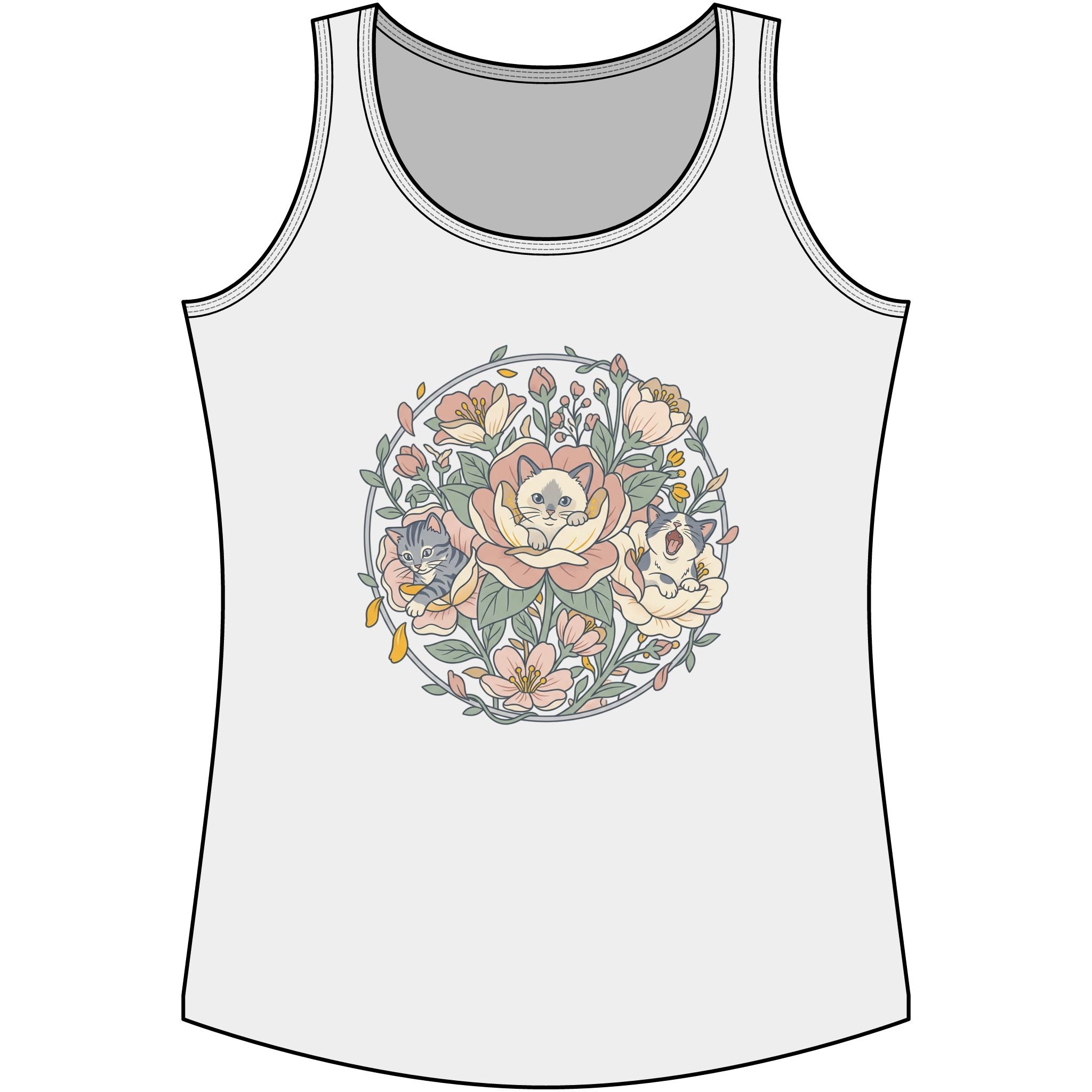 Floral Kitten Bouquet Tank Top — Blooming Kittens Women’s Cotton White