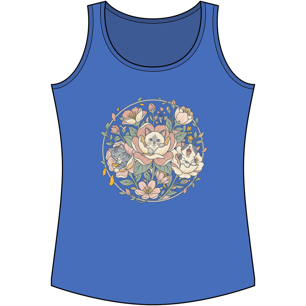 Floral Kitten Bouquet Tank Top — Blooming Kittens Women’s Cotton Blue