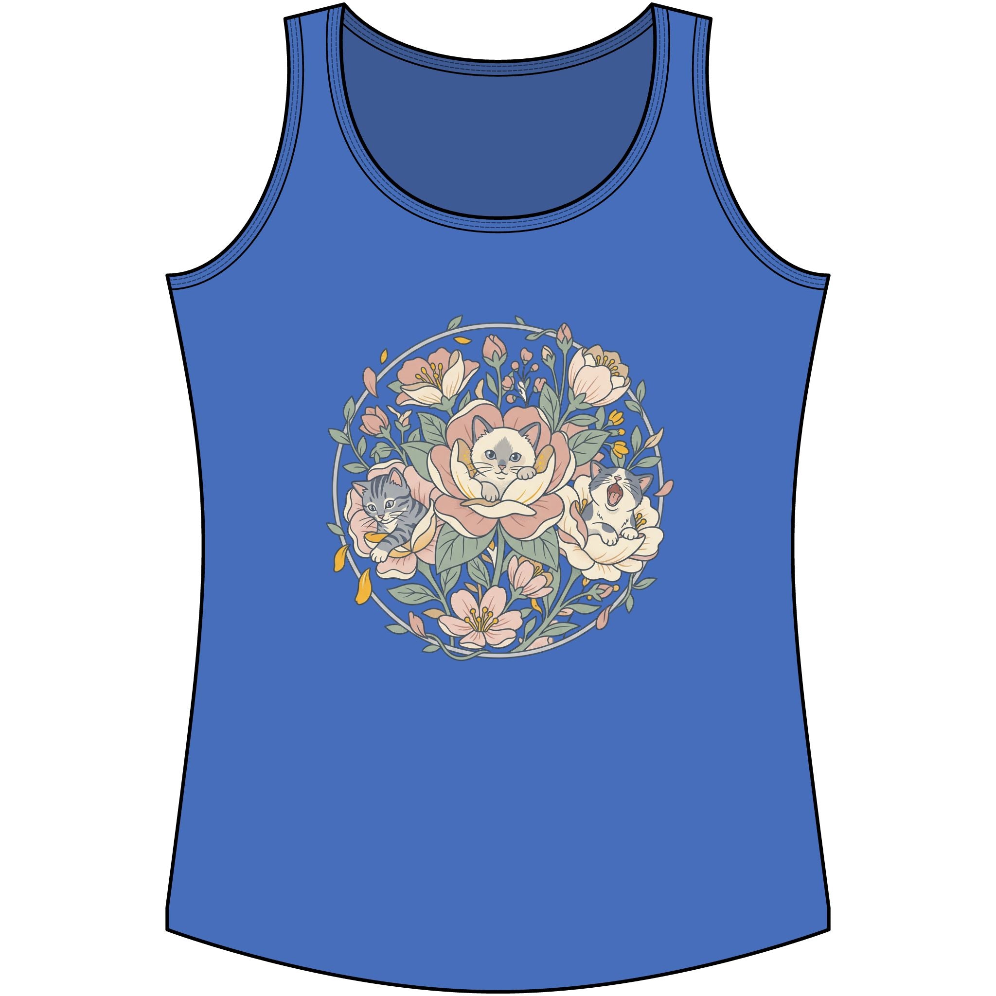 Floral Kitten Bouquet Tank Top — Blooming Kittens Women’s Cotton Blue