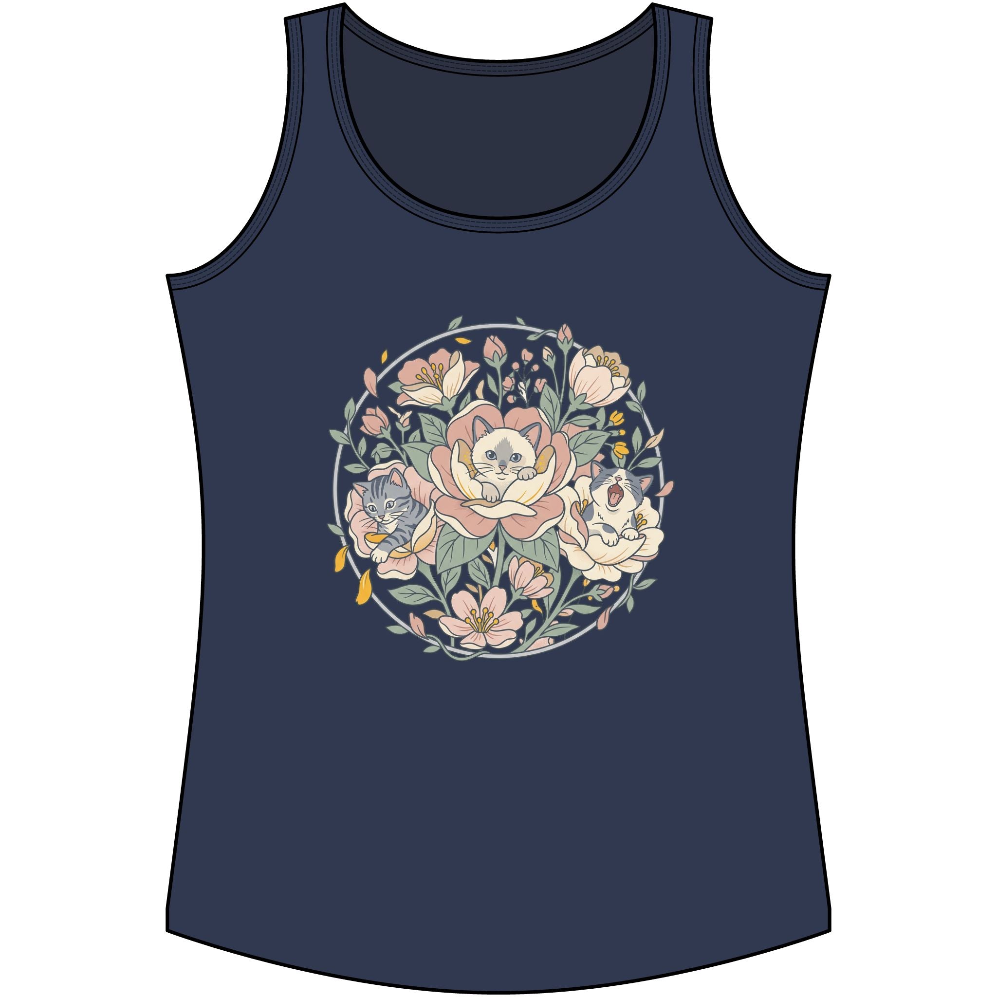 Floral Kitten Bouquet Tank Top — Blooming Kittens Women’s Cotton Navy