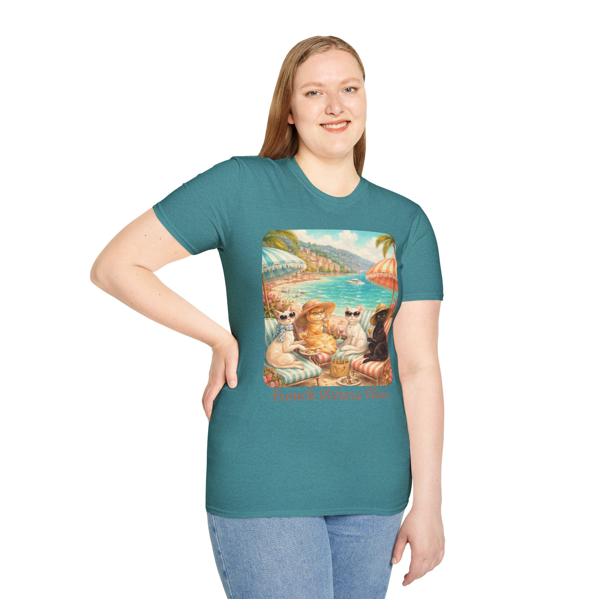 French Riviera Cats Beach Scene T-Shirt | Coastal Vibes Illustration