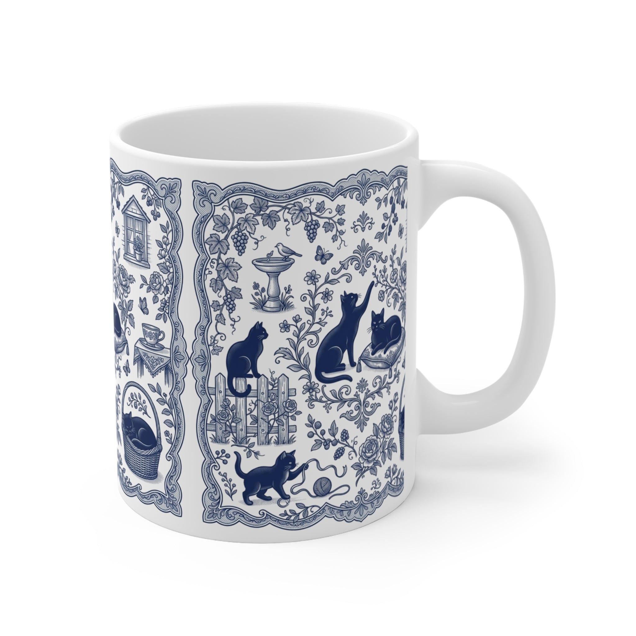 Blue Toile Cats Mug | Vintage Floral Cat Pattern, Porcelain Style
