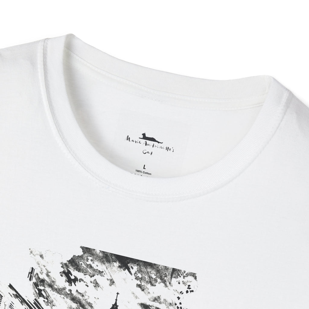 White t-shirt with black graphic design of a street scene and Eiffel Tower on a white background
