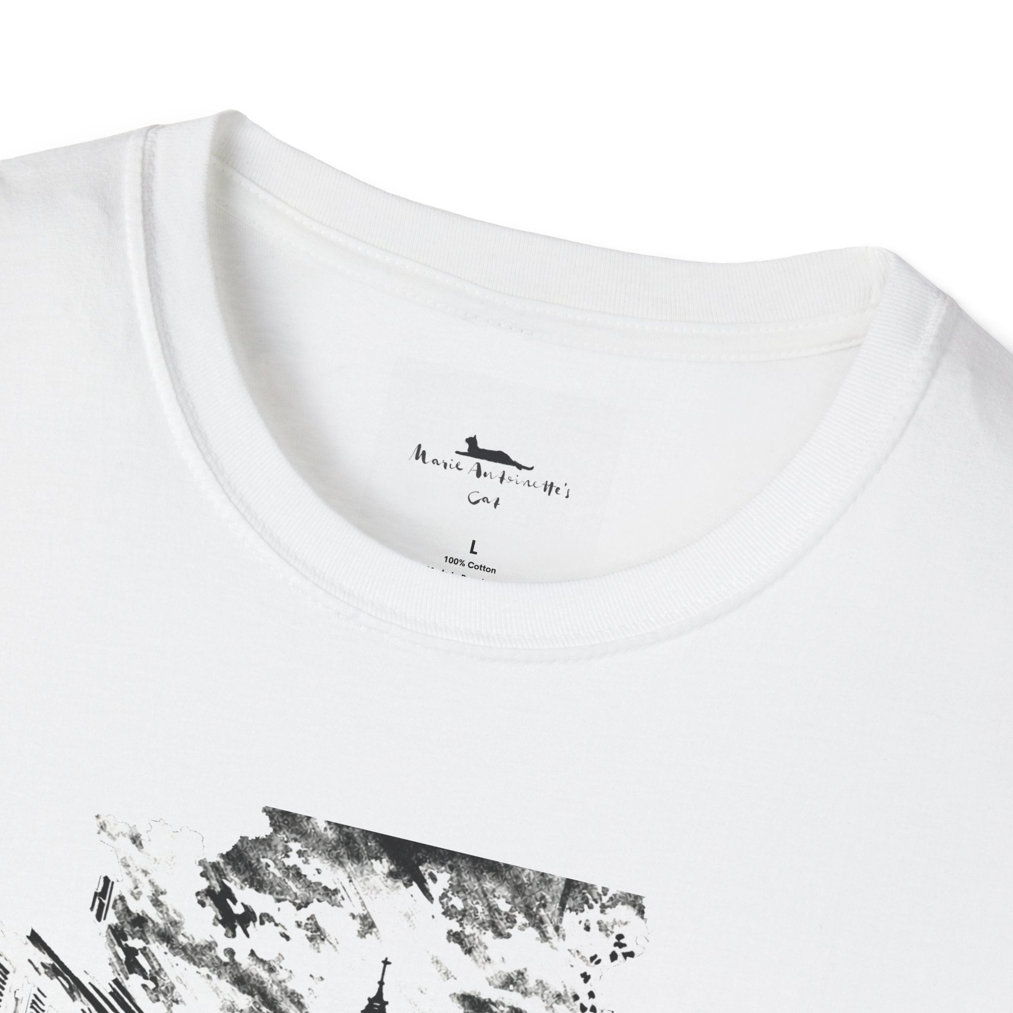 White t-shirt with black graphic design of a street scene and Eiffel Tower on a white background