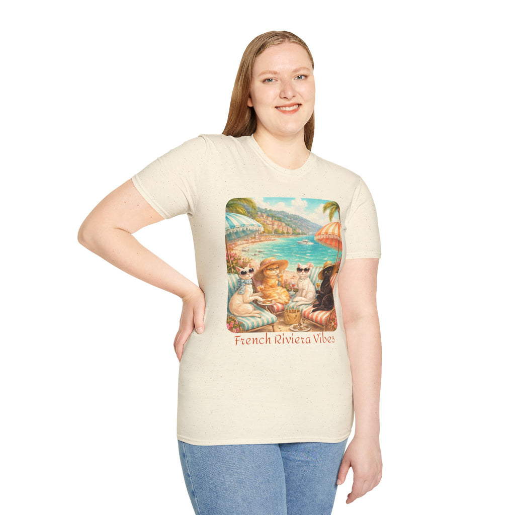 French Riviera Cats Beach Scene T-Shirt | Coastal Vibes Illustration