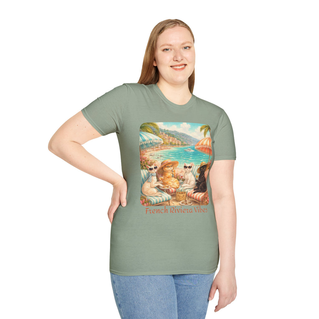 French Riviera Cats Beach Scene T-Shirt | Coastal Vibes Illustration