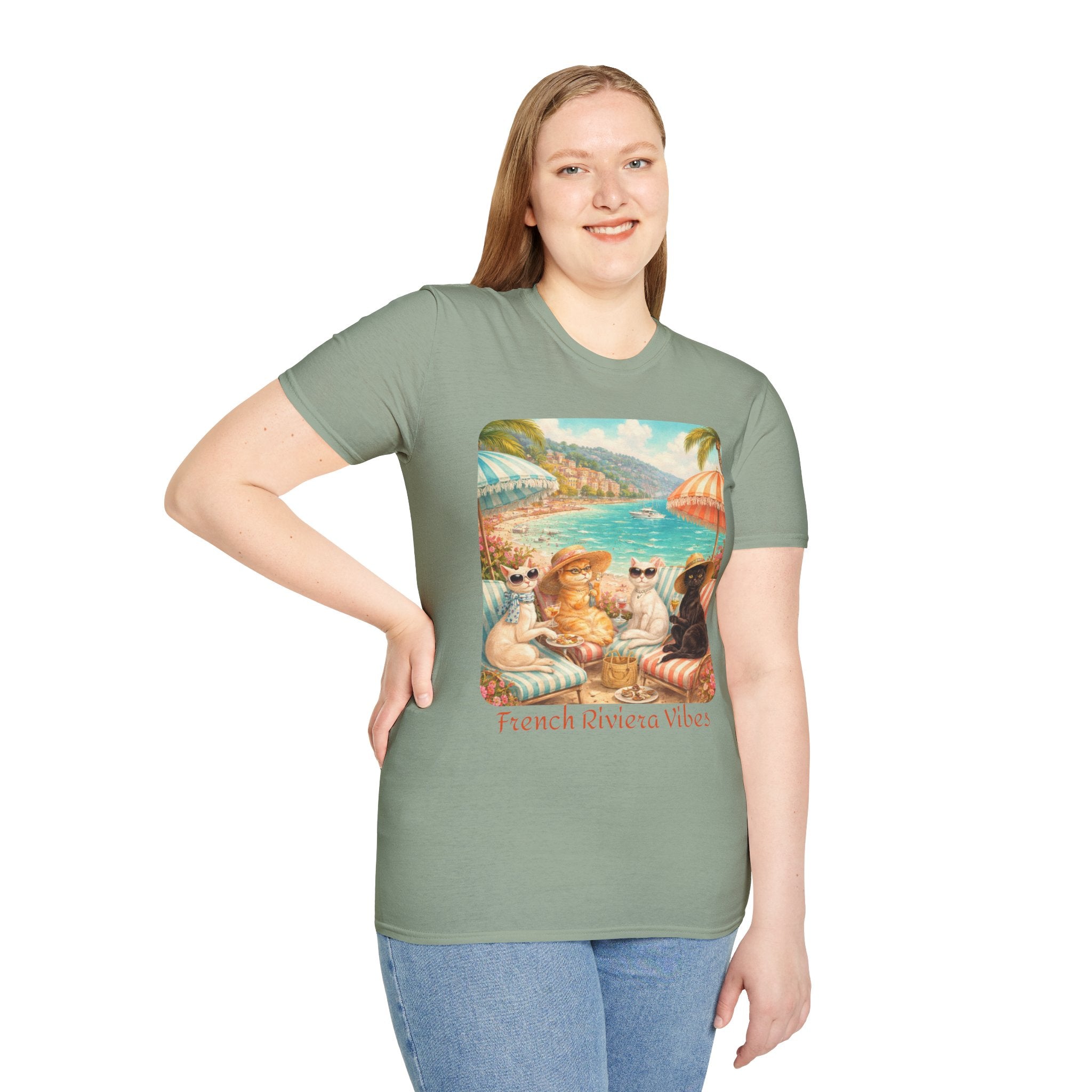 French Riviera Cats Beach Scene T-Shirt | Coastal Vibes Illustration