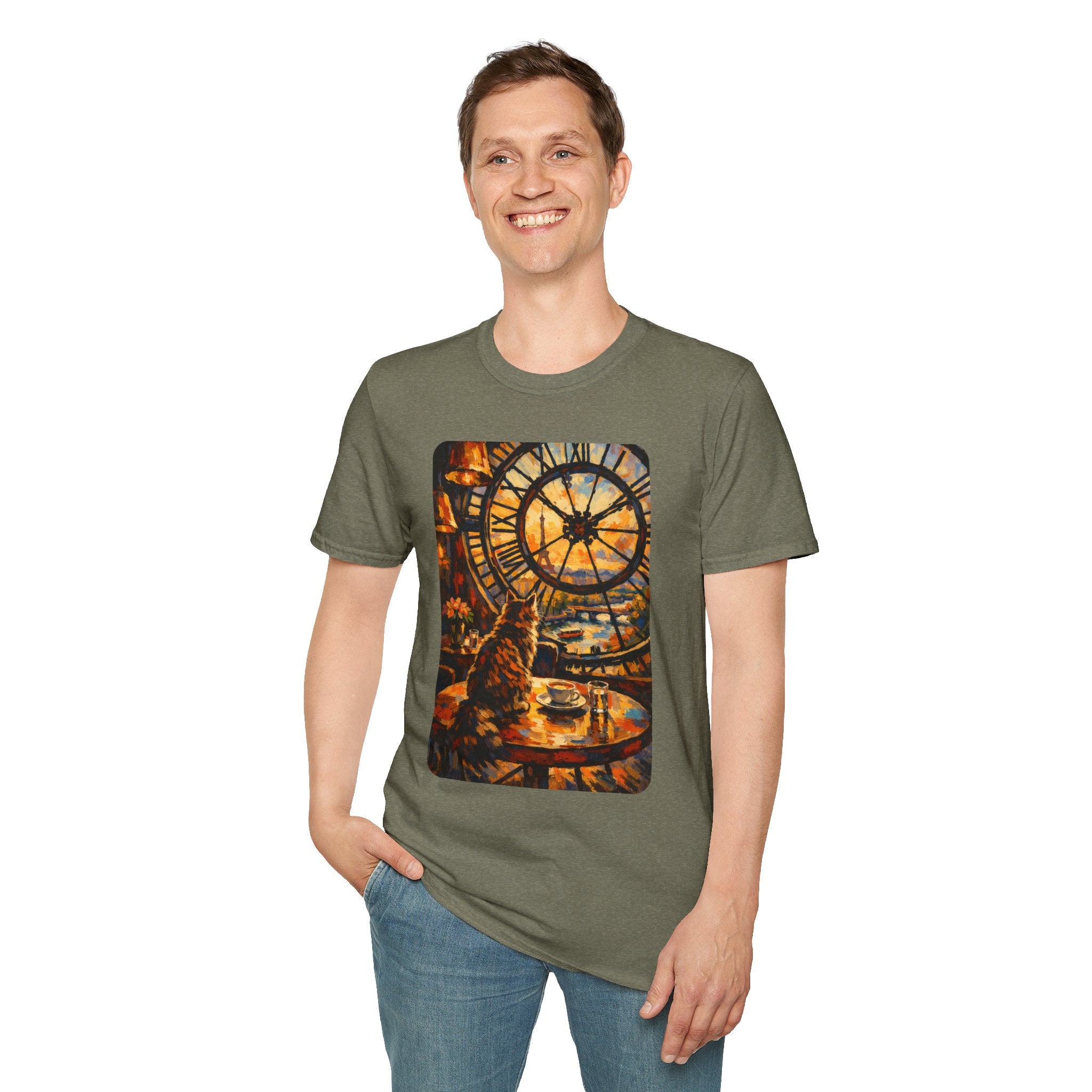 Paris D'Orsay Cafe Cat Illustration T-Shirt | Musée D'Orsay Scene Army Green