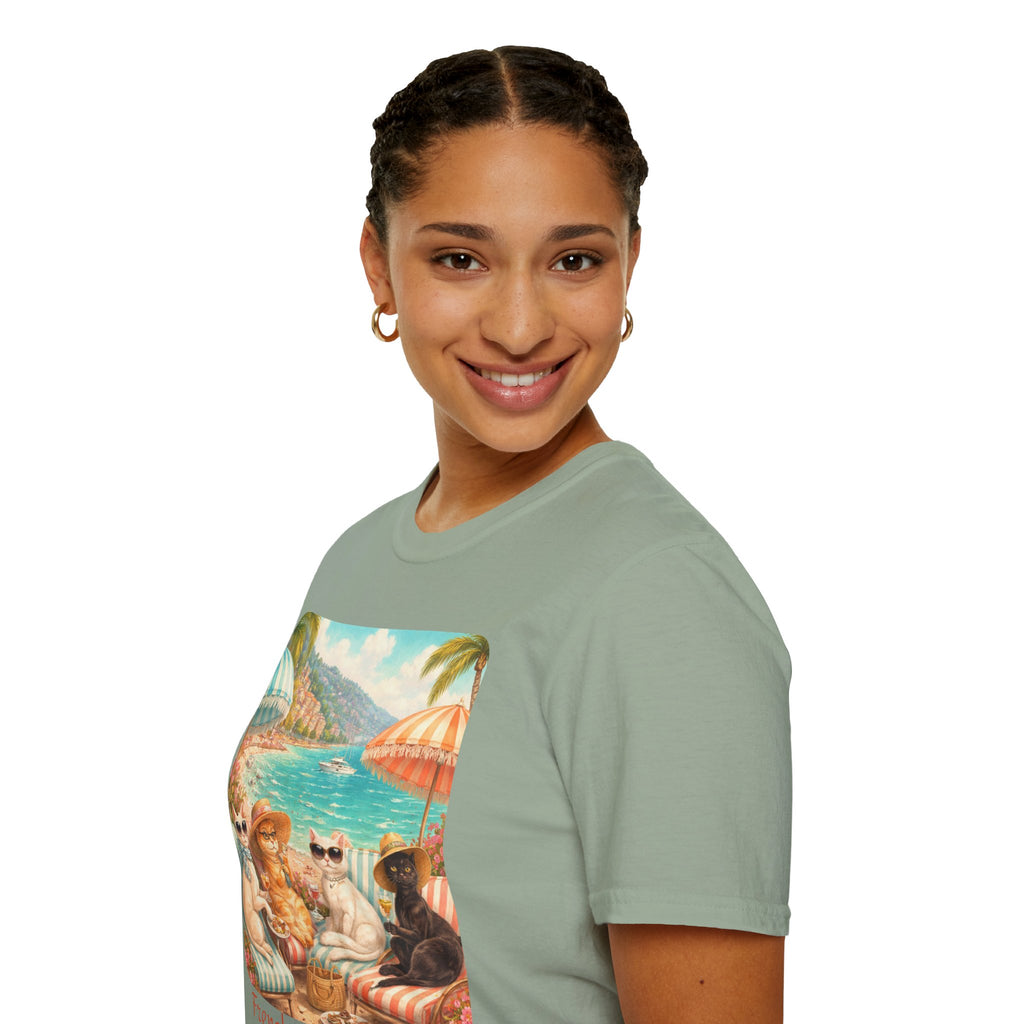 French Riviera Cats Beach Scene T-Shirt | Coastal Vibes Illustration
