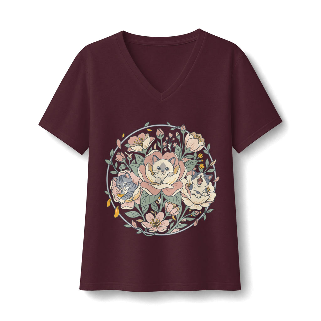 Floral Cat Bouquet V-Neck Tee