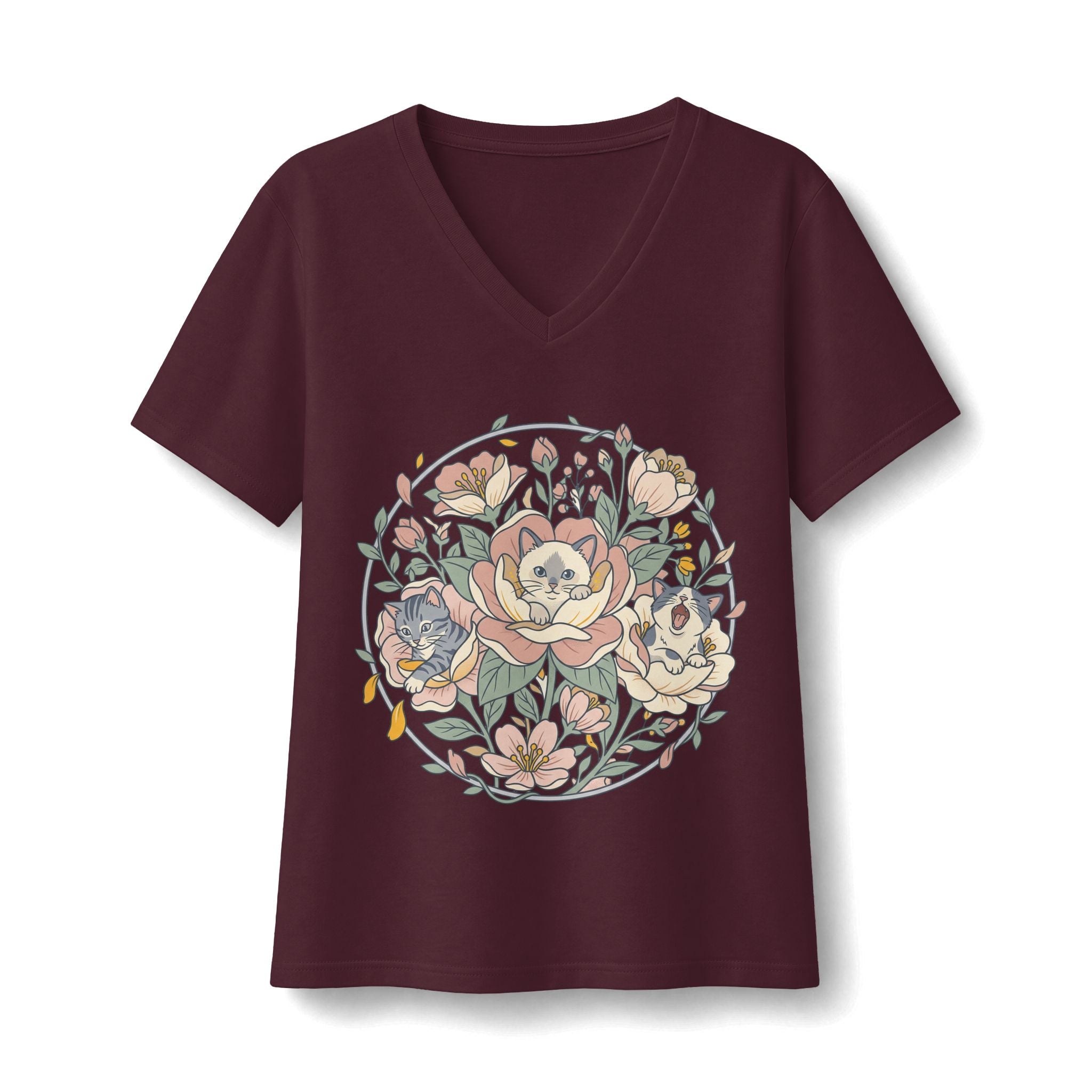Floral Cat Bouquet V-Neck Tee