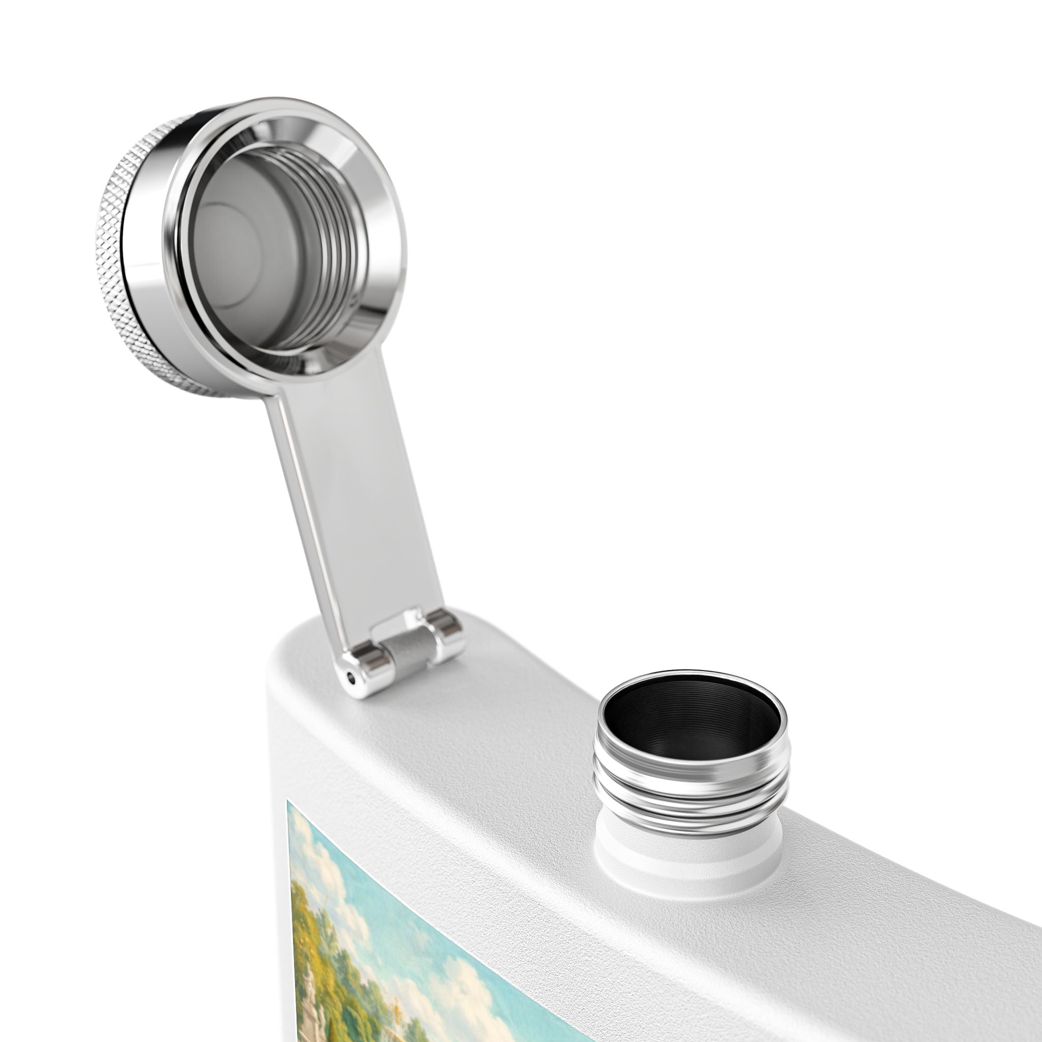 Open lid of White flask with a cat tea party scene at Versailles
