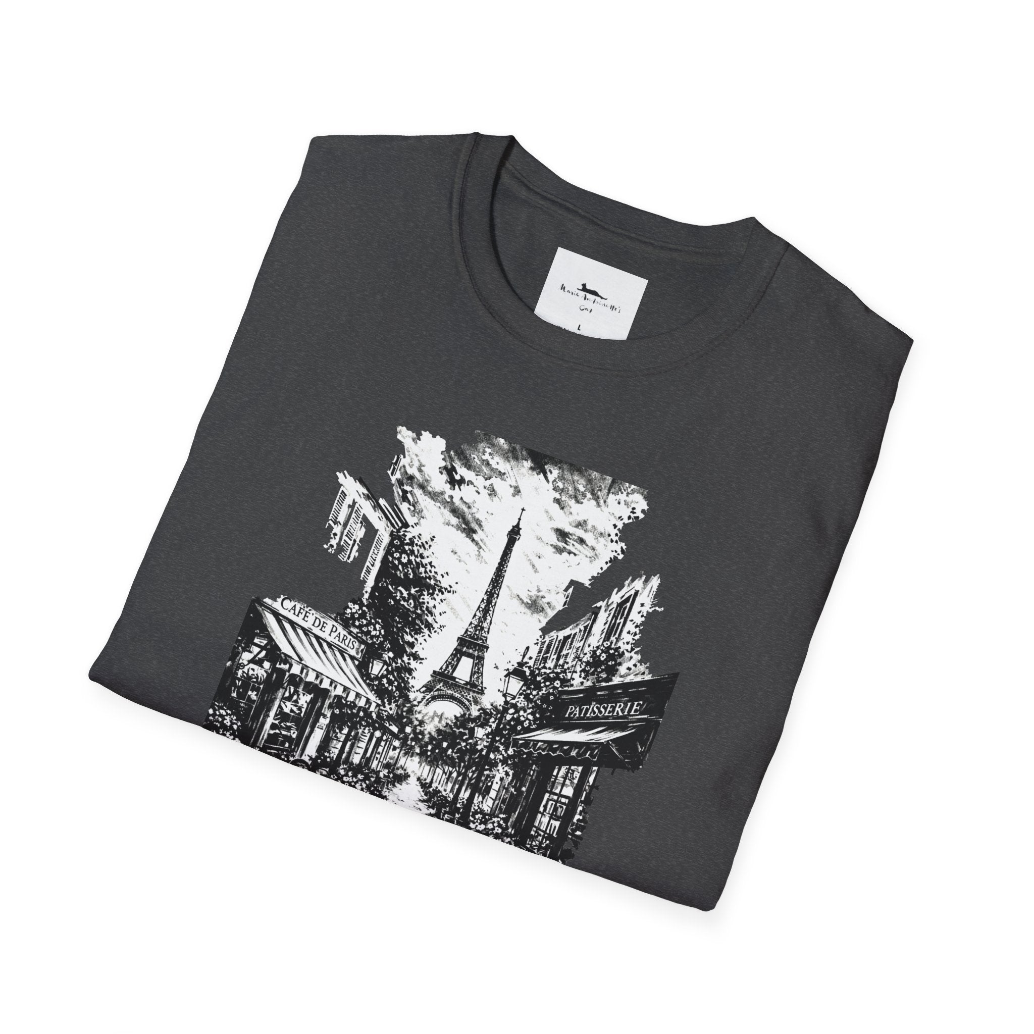 Gray t-shirt with black graphic design of a street scene and Eiffel Tower on a white background