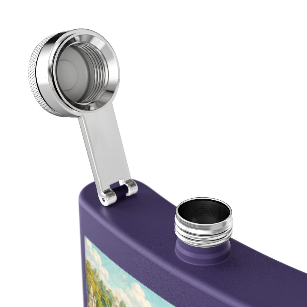 Open lid of purple flask with a cat tea party scene at Versailles