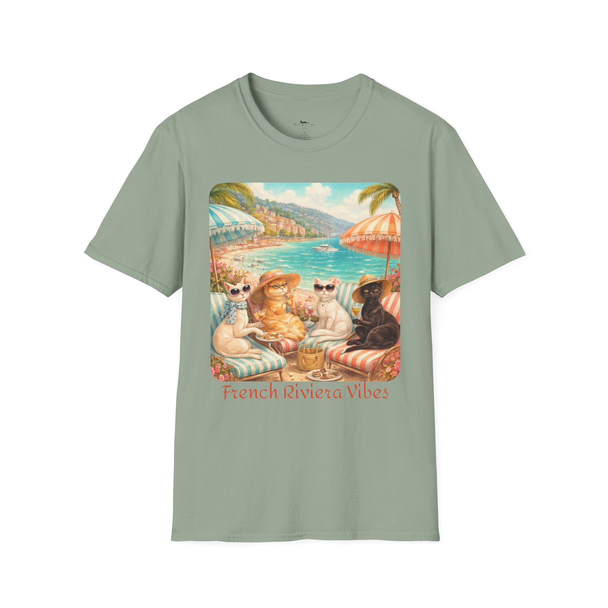 French Riviera Cats Beach Scene T-Shirt | Coastal Vibes Illustration Sage