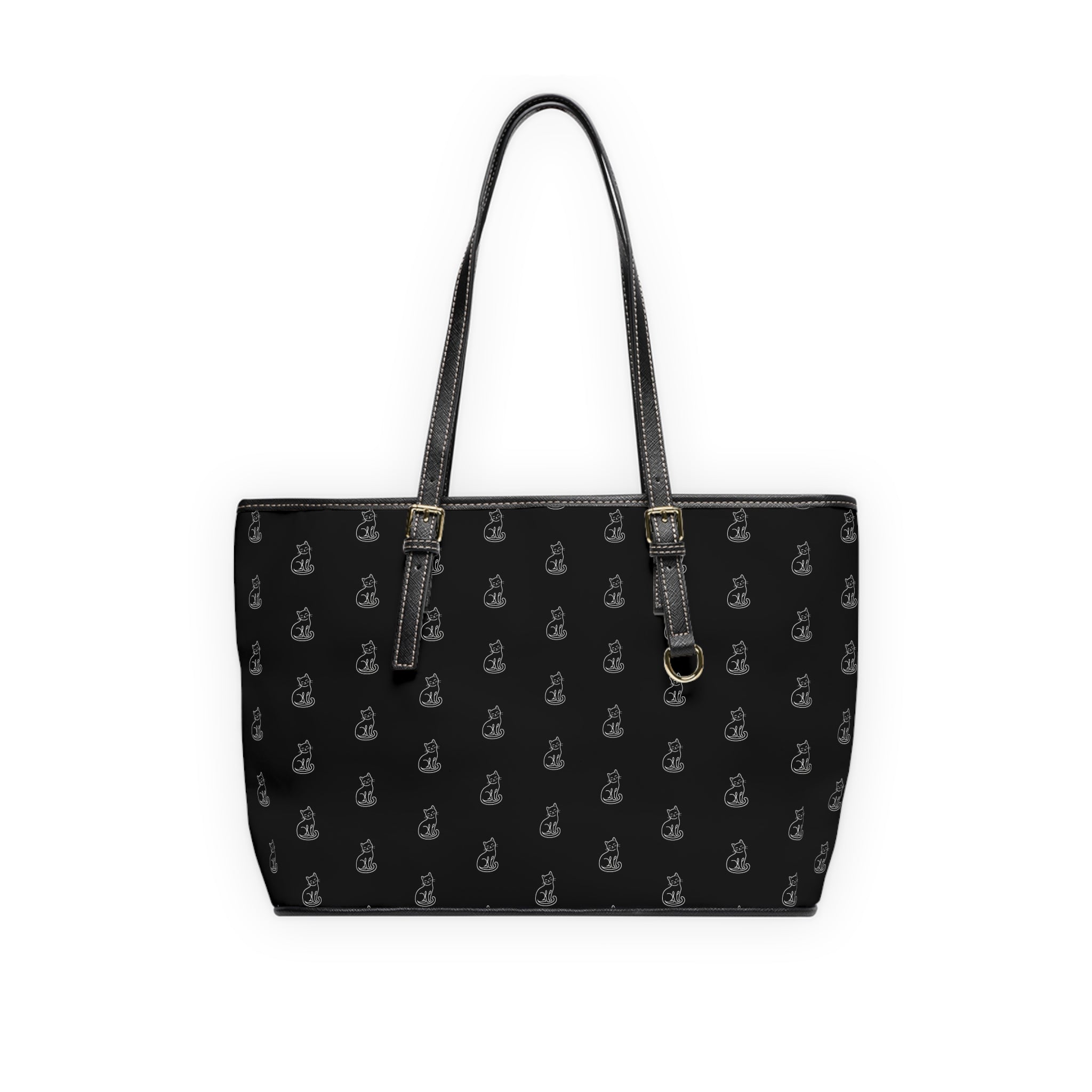 Cat Silhouette Pattern PU Leather Shoulder Bag | Black Tote, Repeating Cat Design