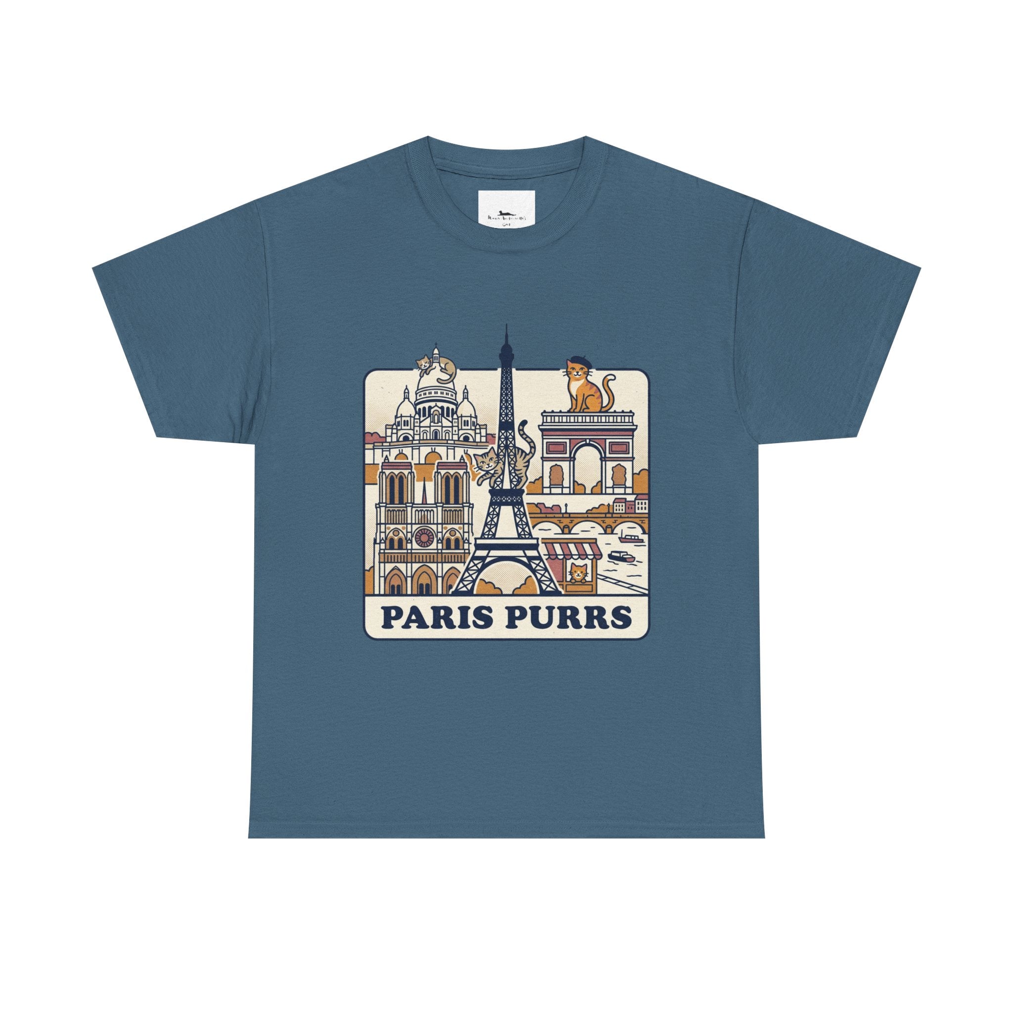 Blue t-shirt with 'Paris Purrs' graphic design featuring the Eiffel Tower and cats on a white background.