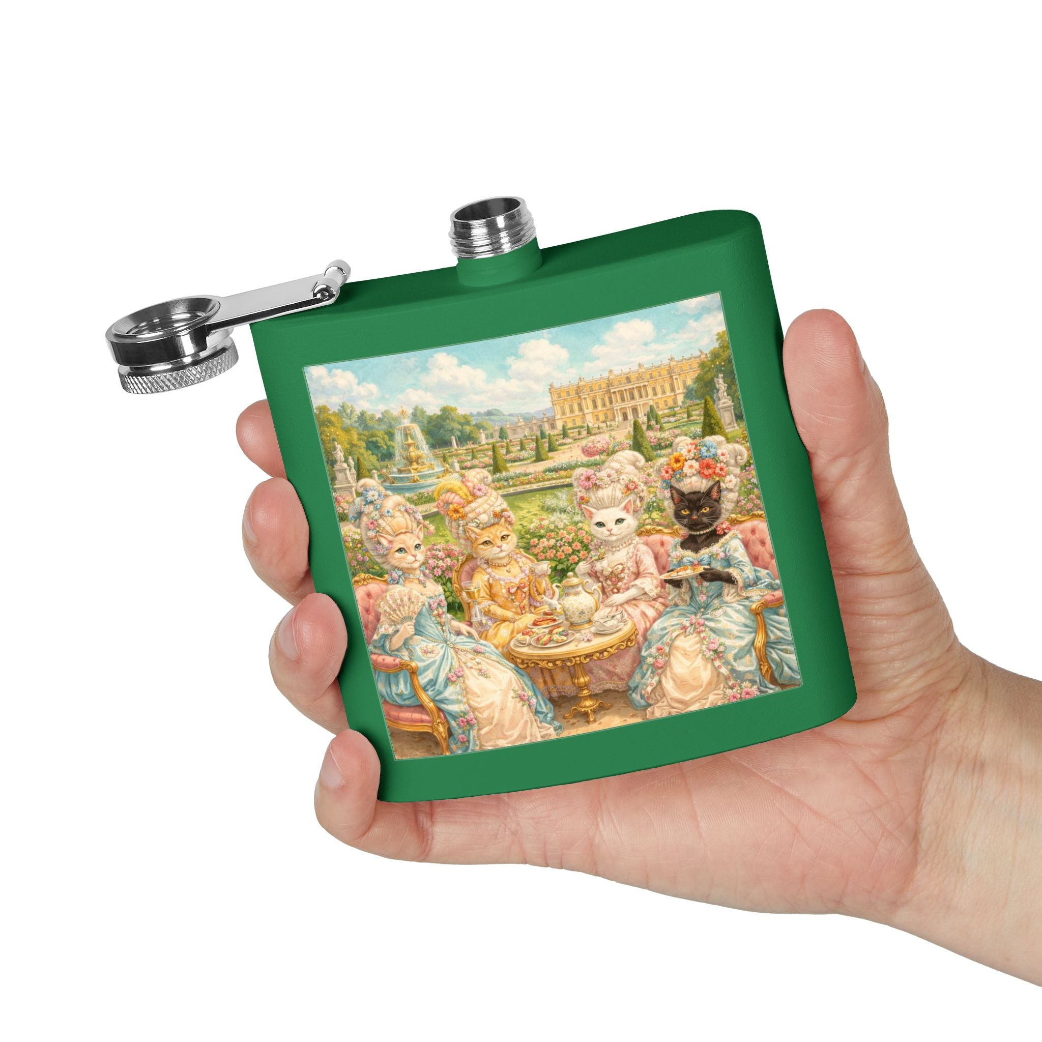 Green flask with a cat tea party scene at Versailles