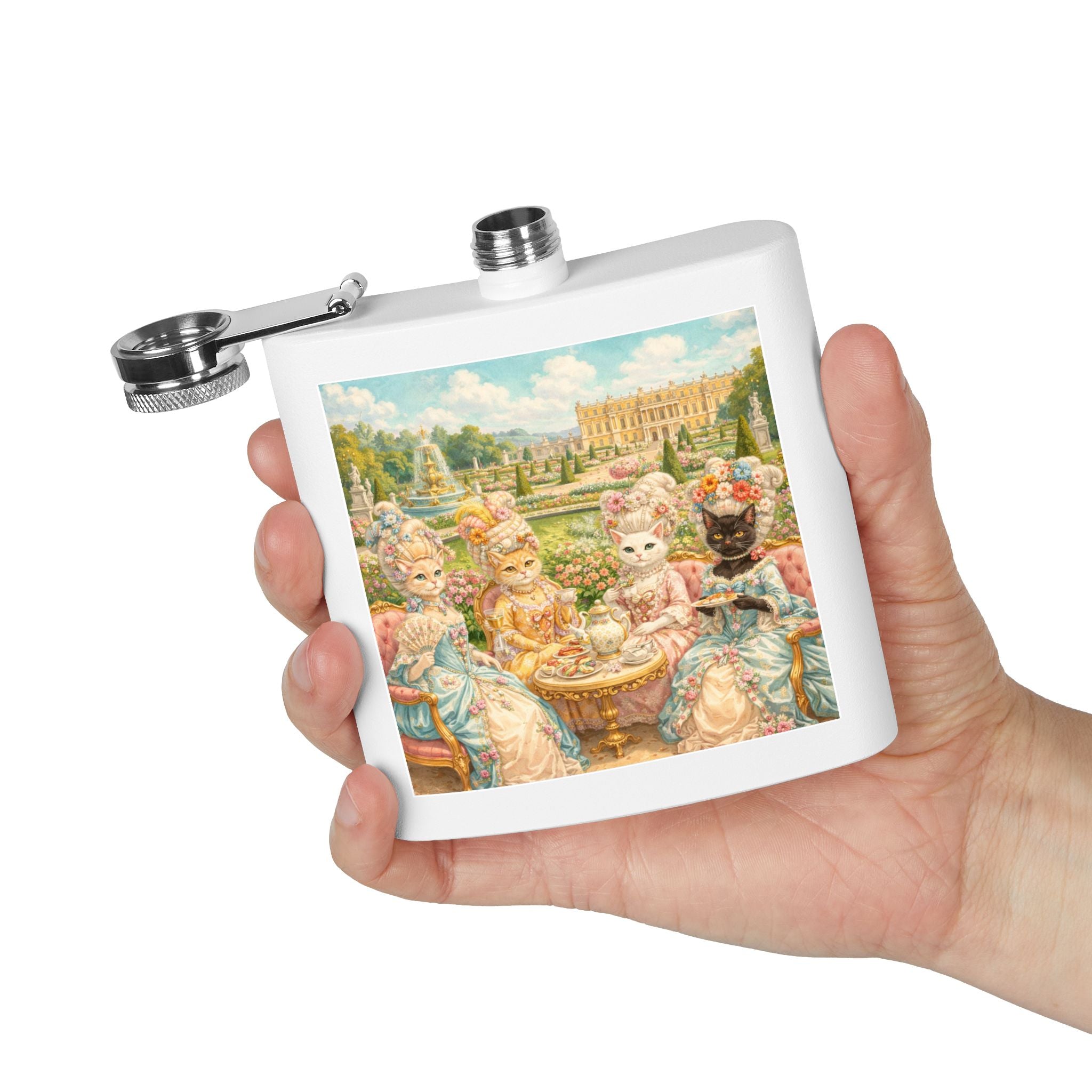 White flask with a cat tea party scene at Versailles