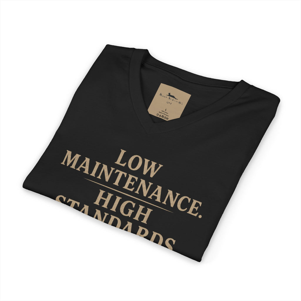 Cat Lover V-Neck Tee — "Low Maintenance. High Standards. Likes Cats."