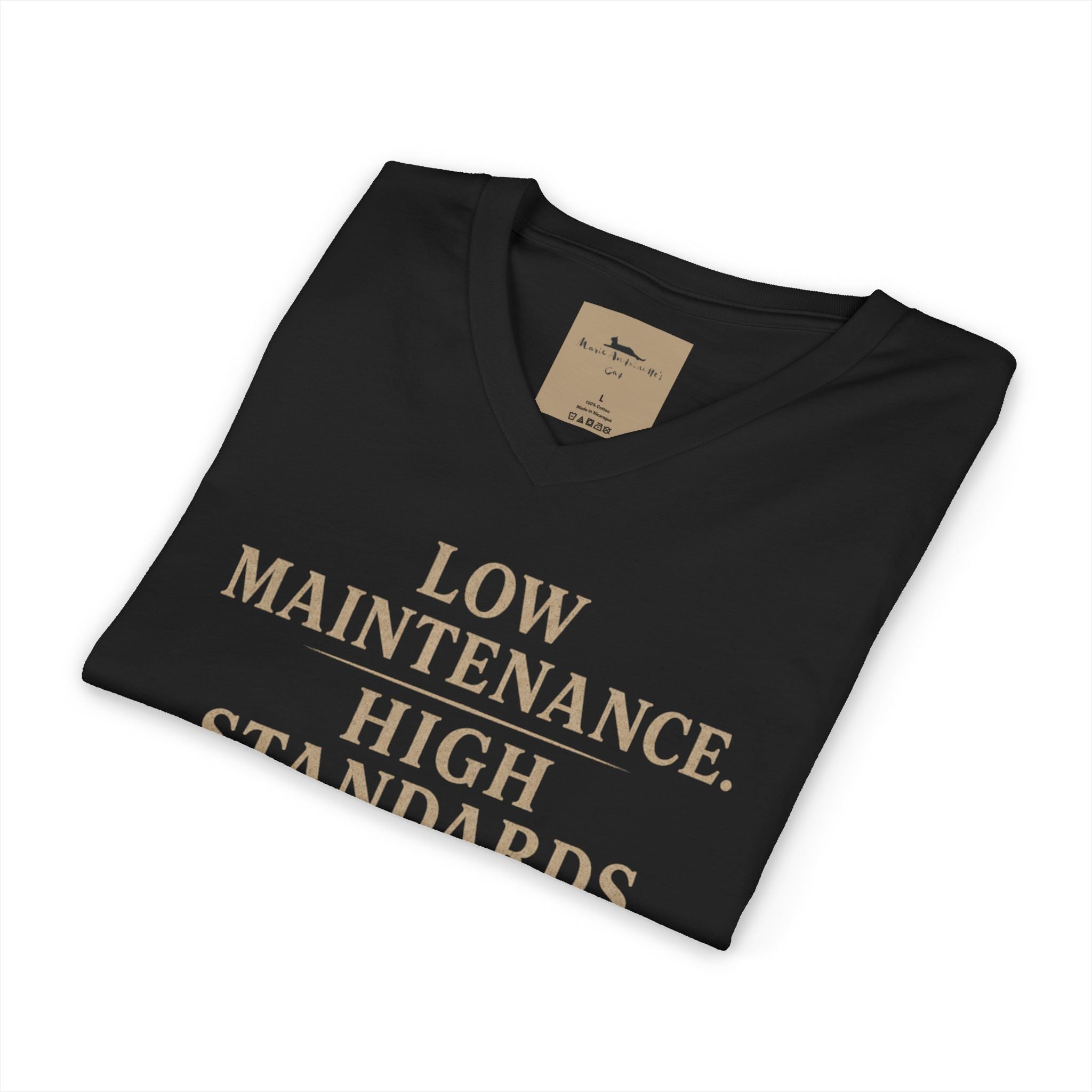Cat Lover V-Neck Tee — "Low Maintenance. High Standards. Likes Cats."