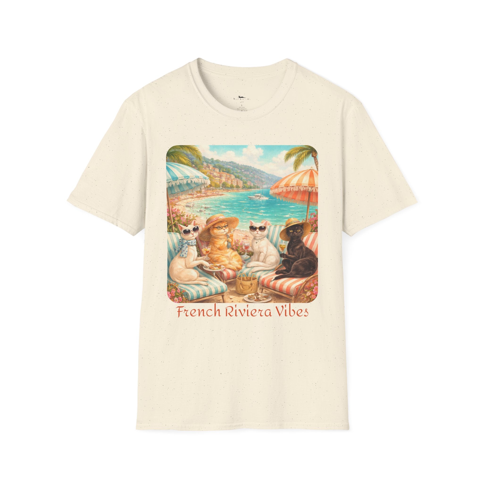 French Riviera Cats Beach Scene T-Shirt | Coastal Vibes Illustration Natural