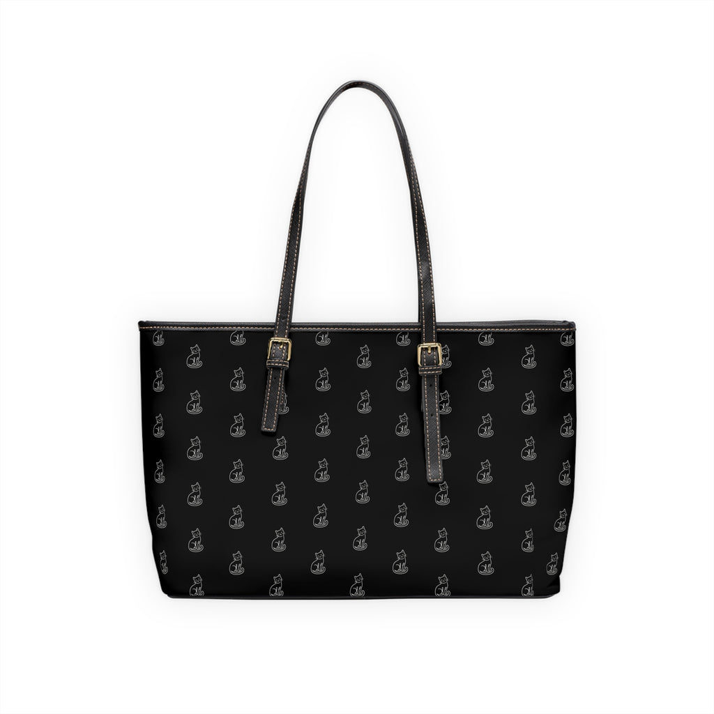 Cat Silhouette Pattern PU Leather Shoulder Bag | Black Tote, Repeating Cat Design