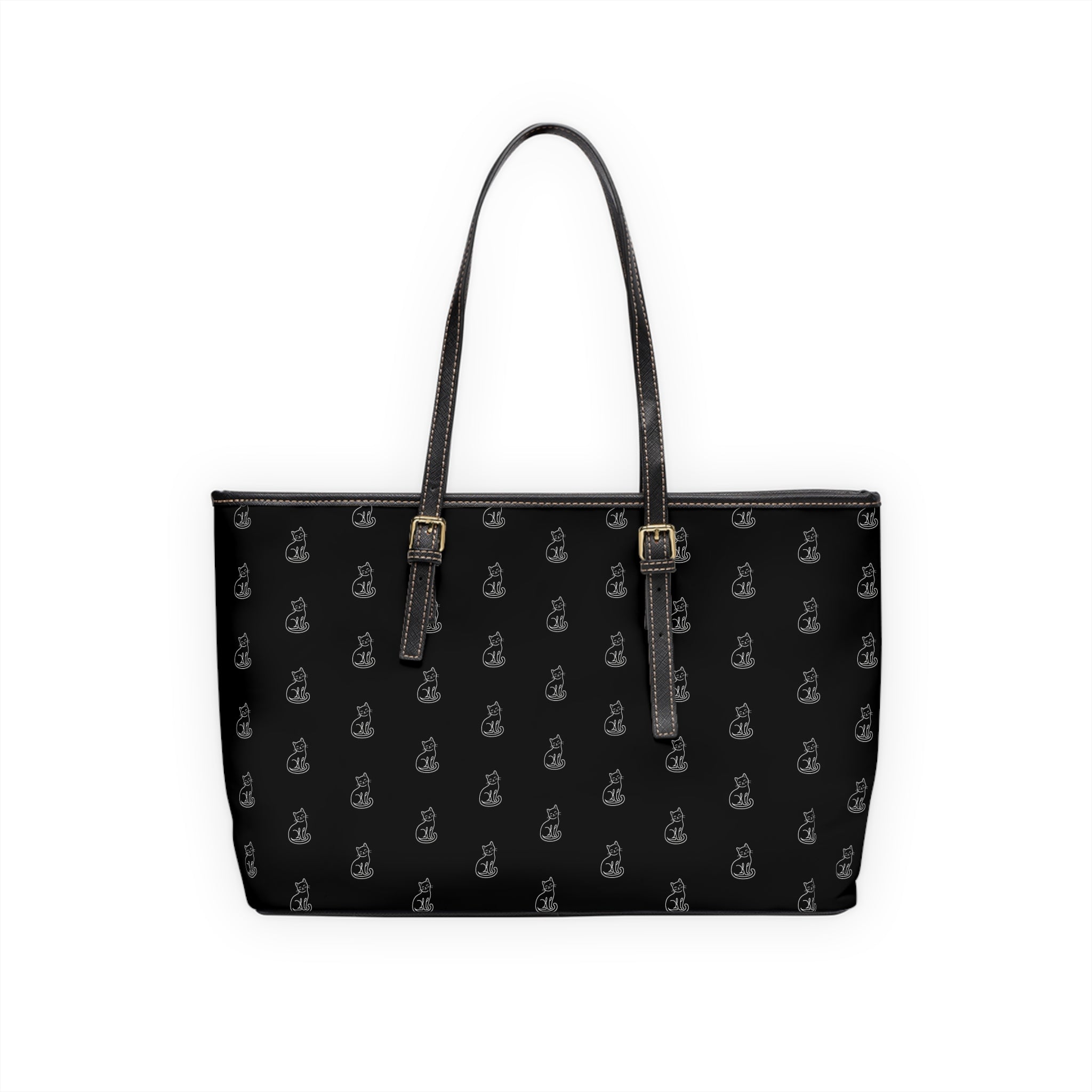 Cat Silhouette Pattern PU Leather Shoulder Bag | Black Tote, Repeating Cat Design