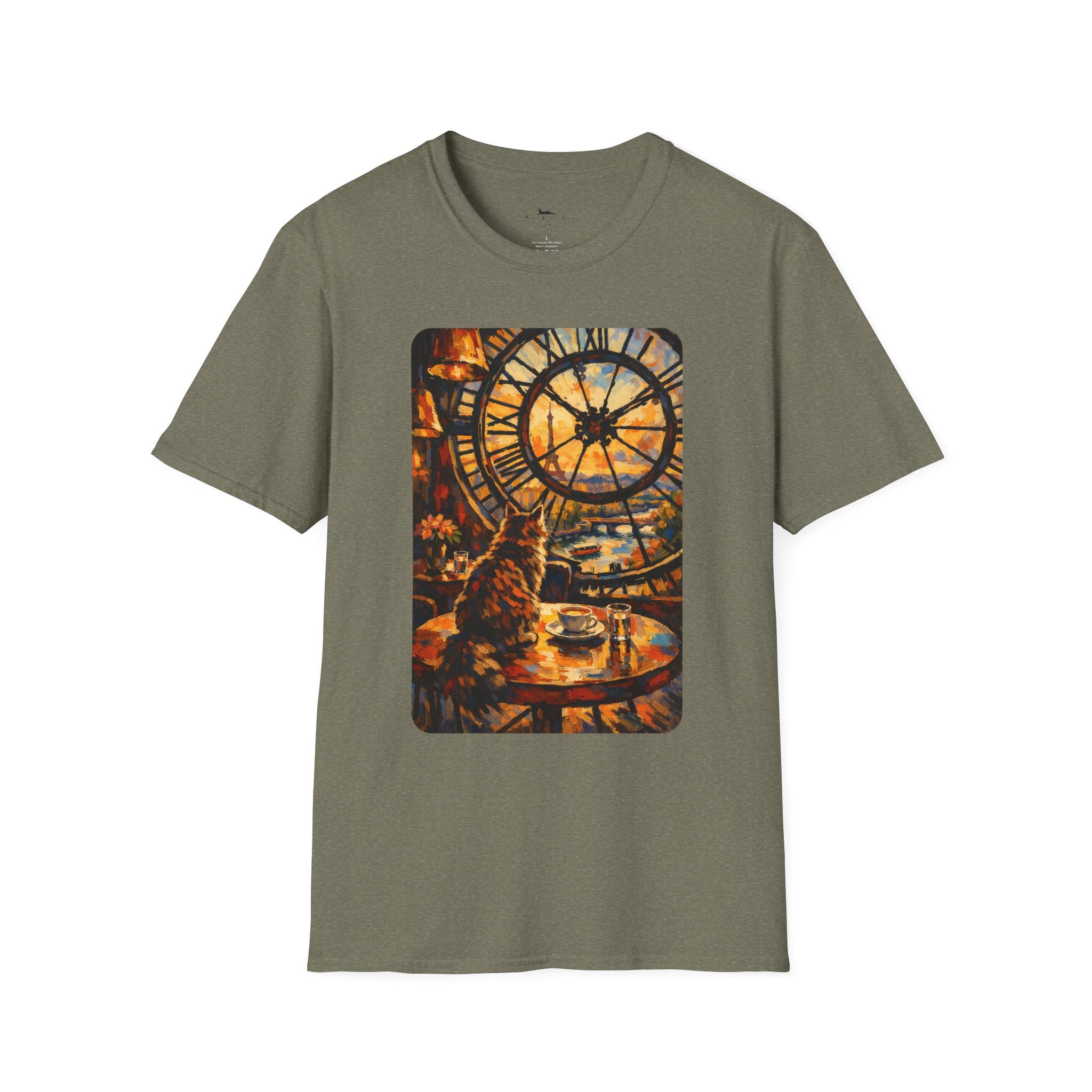Paris D'Orsay Cafe Cat Illustration T-Shirt | Musée D'Orsay Scene Army Green