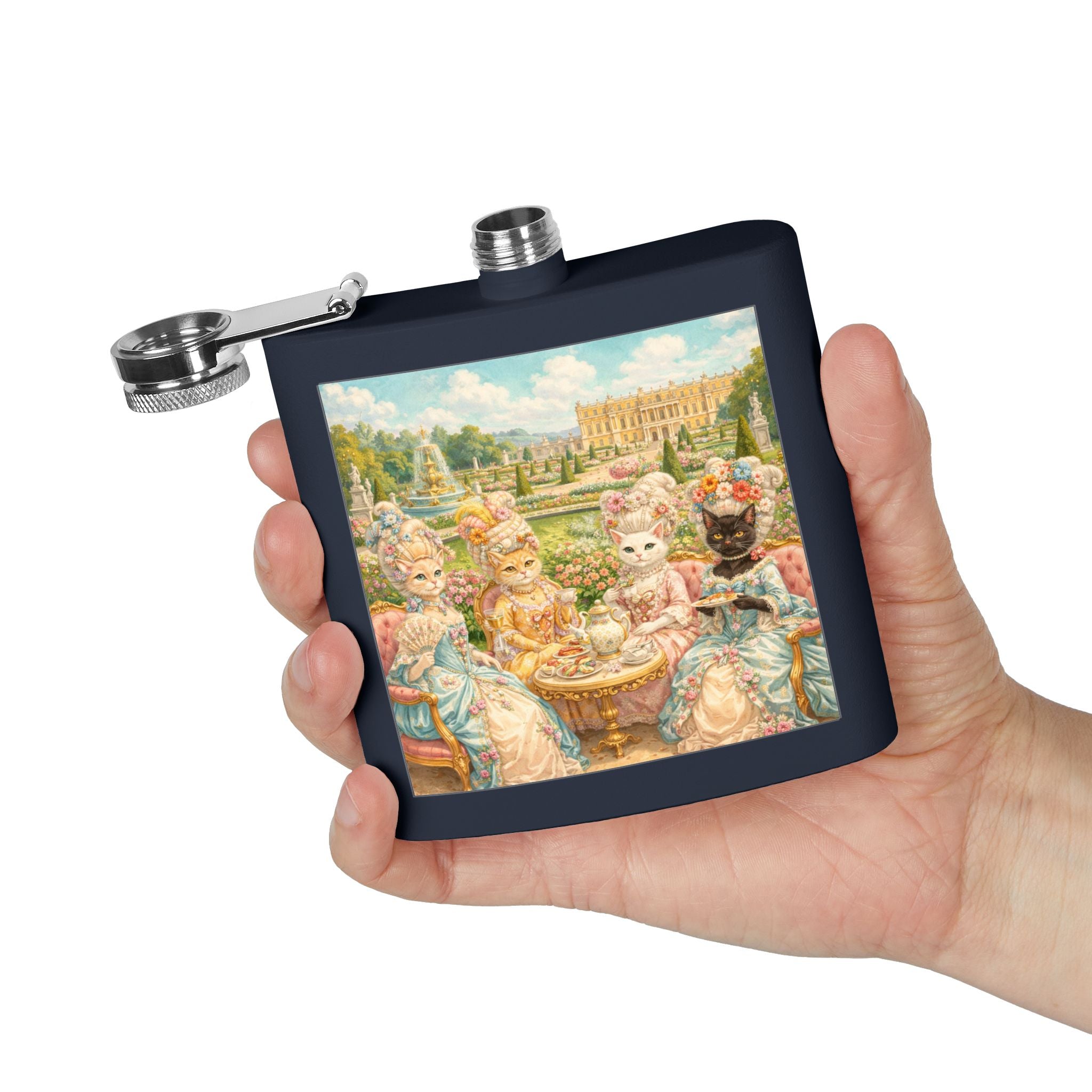 Navy flask with a cat tea party scene at Versailles