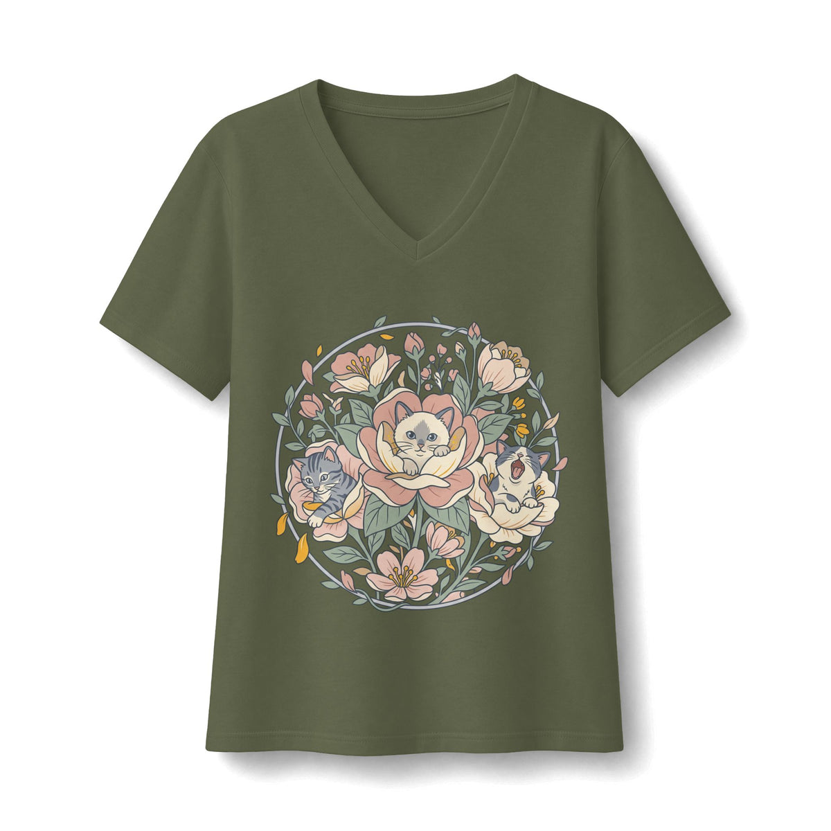 Floral Cat Bouquet V-Neck Tee