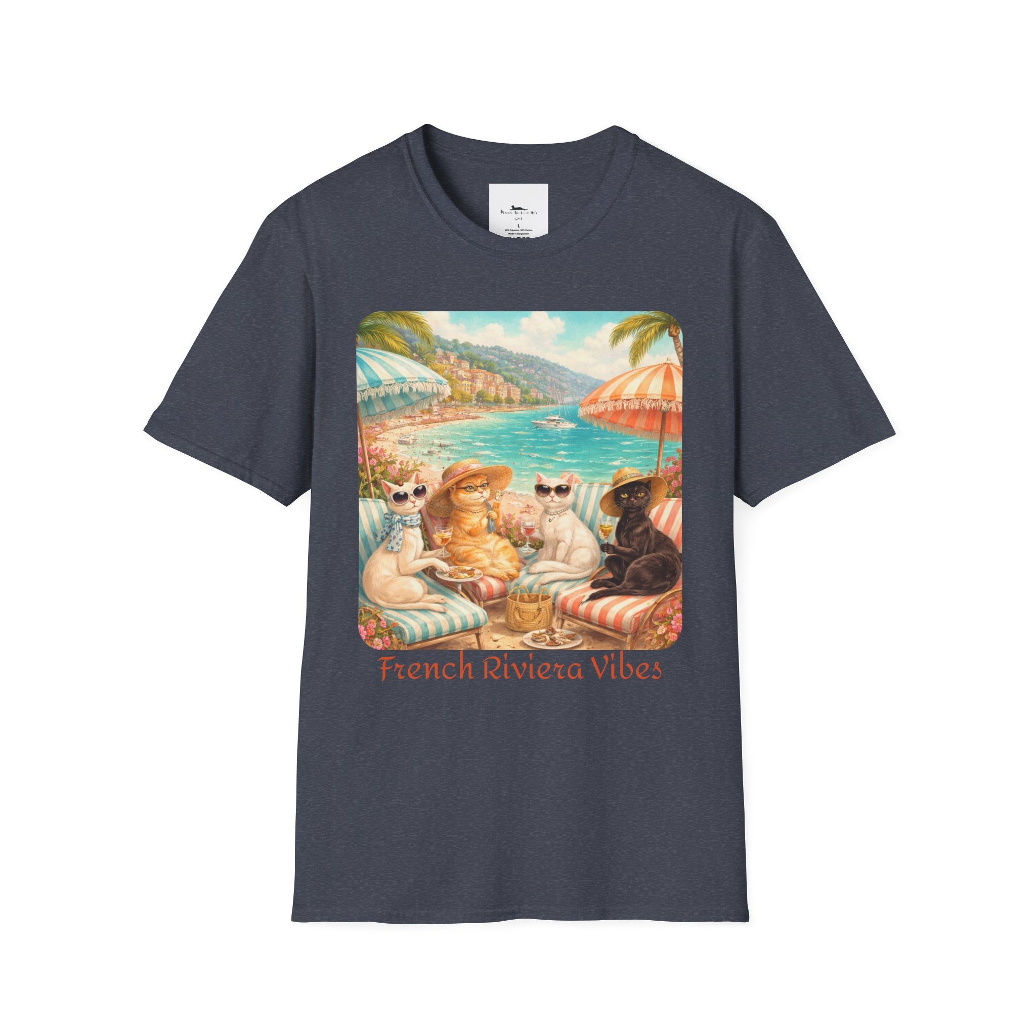 French Riviera Cats Beach Scene T-Shirt | Coastal Vibes Illustration