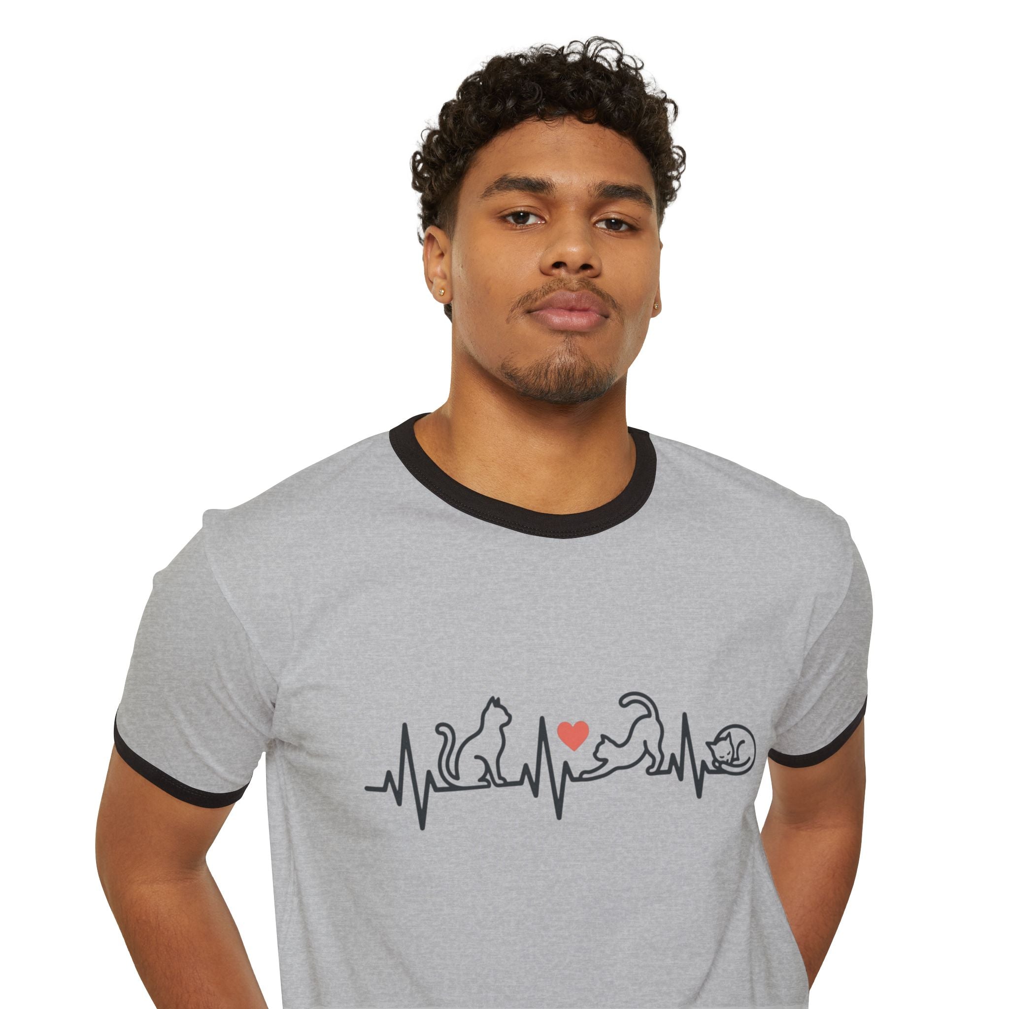 Cat Lover Ringer T-Shirt — Cat Heartbeat Print Design Gray