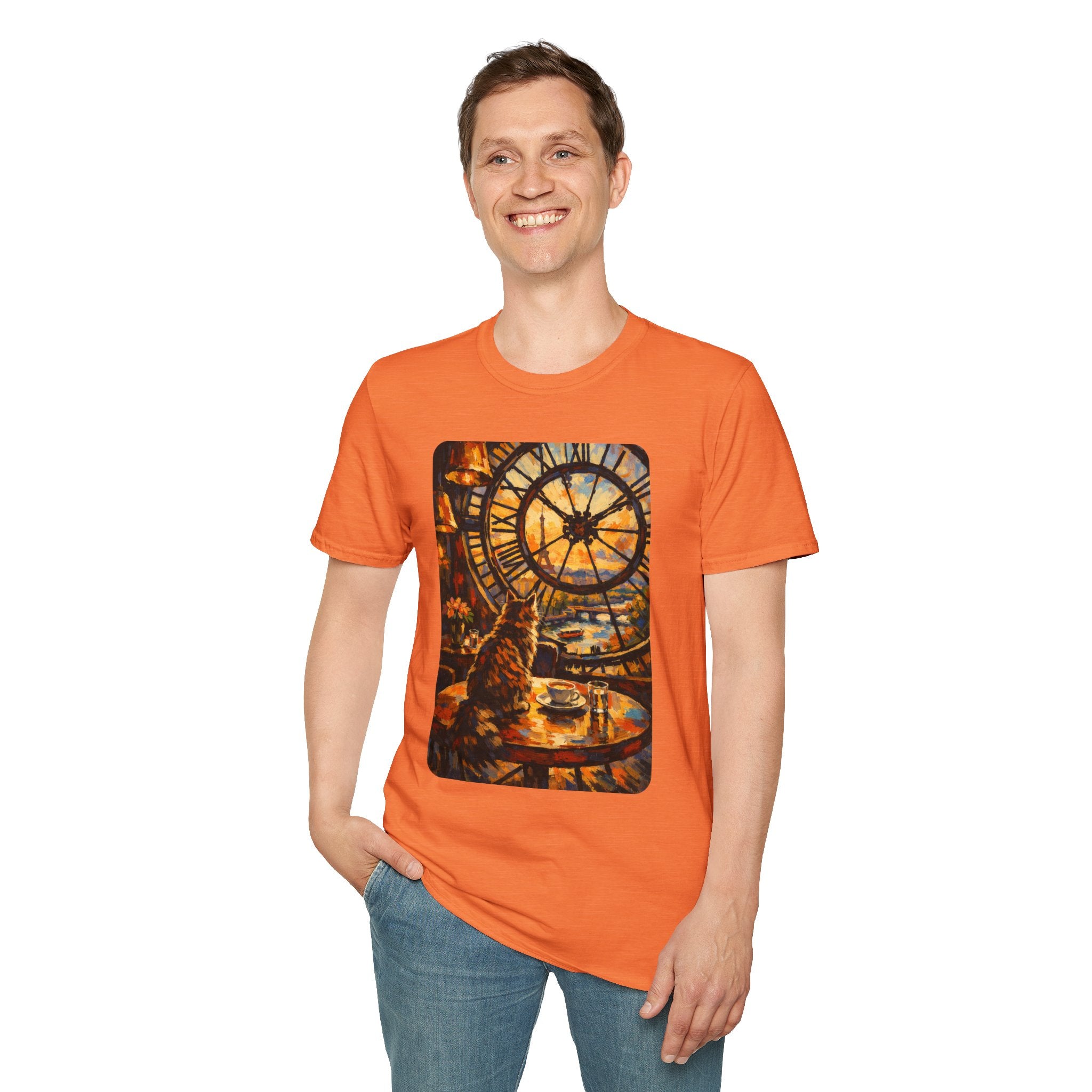 Paris D'Orsay Cafe Cat Illustration T-Shirt | Musée D'Orsay Scene Orange